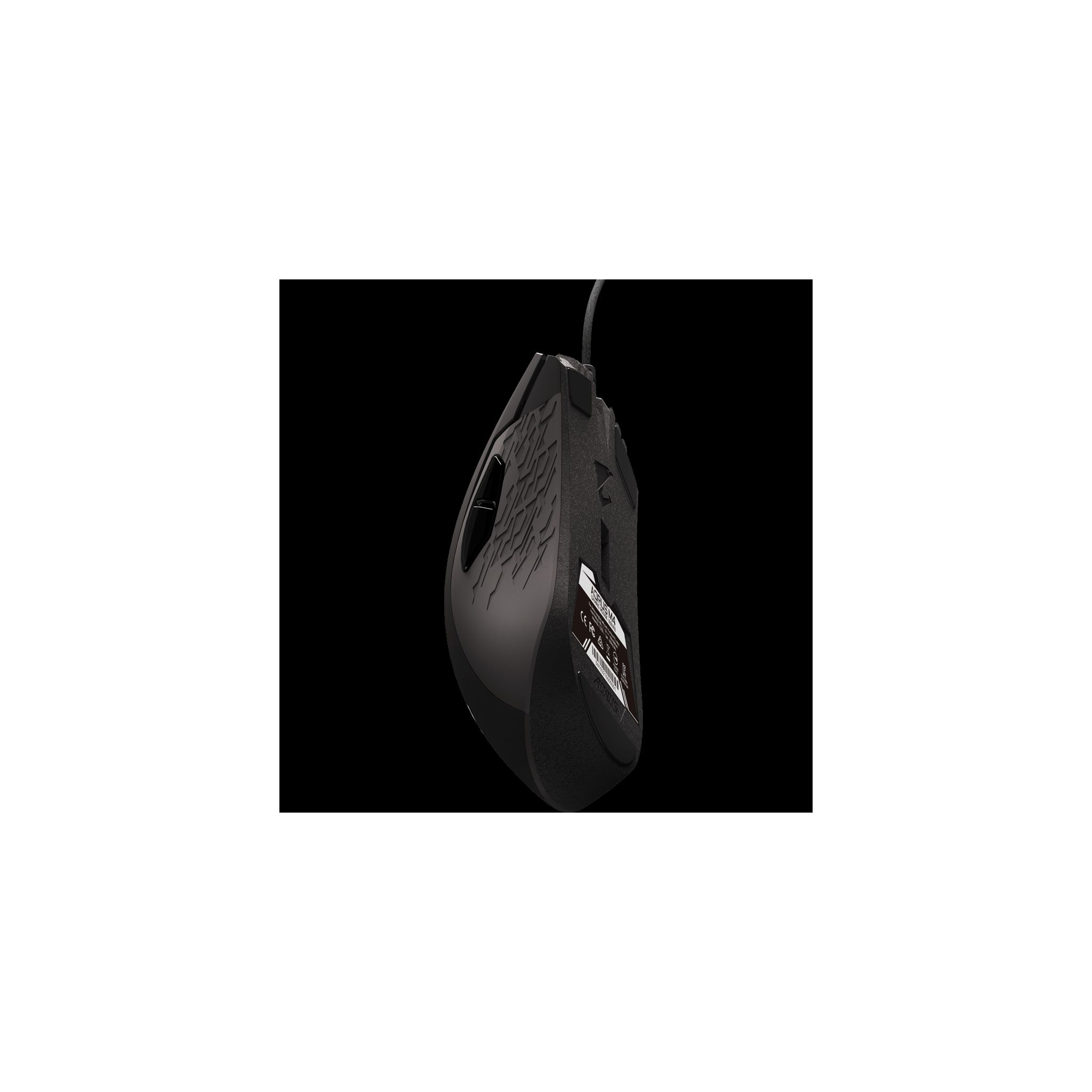 Ratón de ordenador negro con un lateral texturizado. Fondo negro.