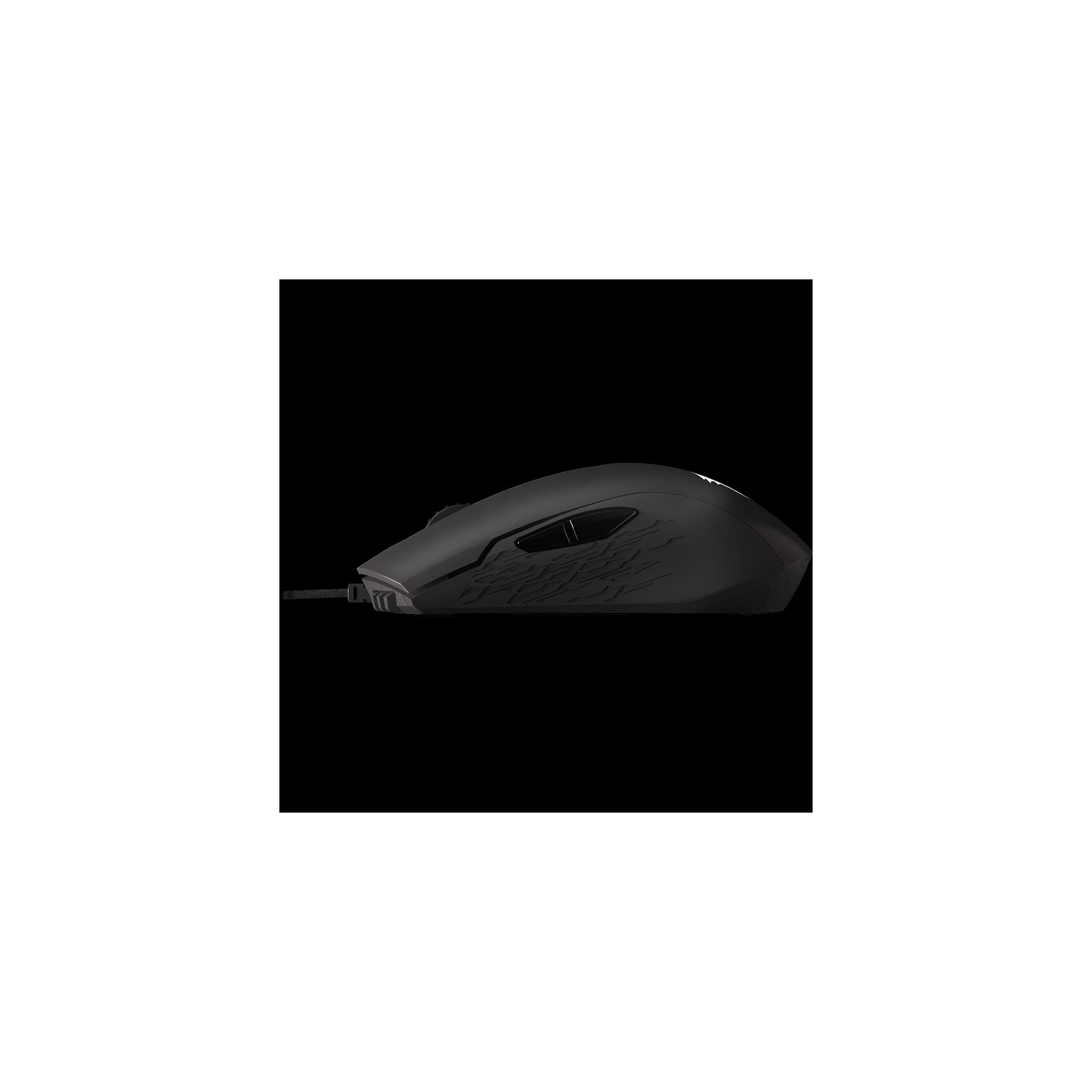 Un ratón gaming negro con diseño de llama en el lateral, sobre un fondo negro.