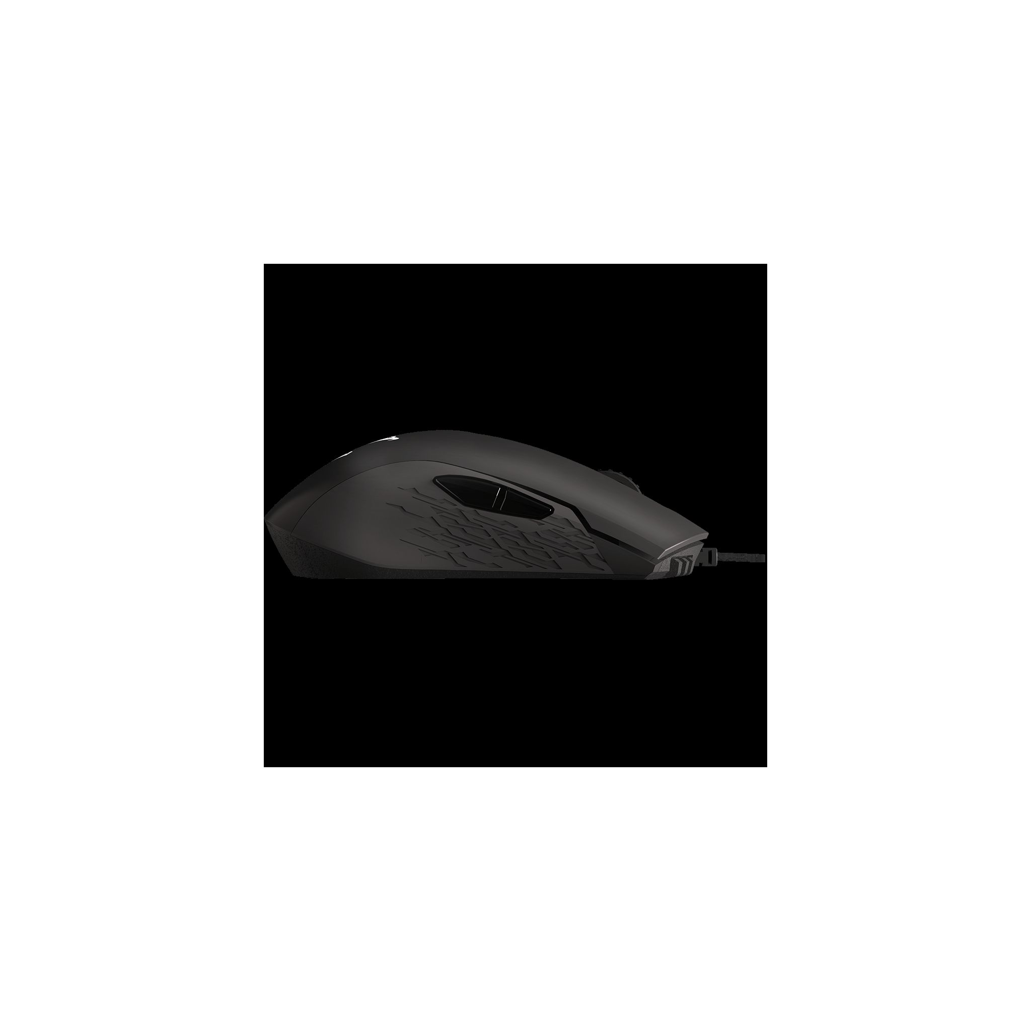 Ratón de computadora negro con diseño texturizado. Está sobre un fondo negro.