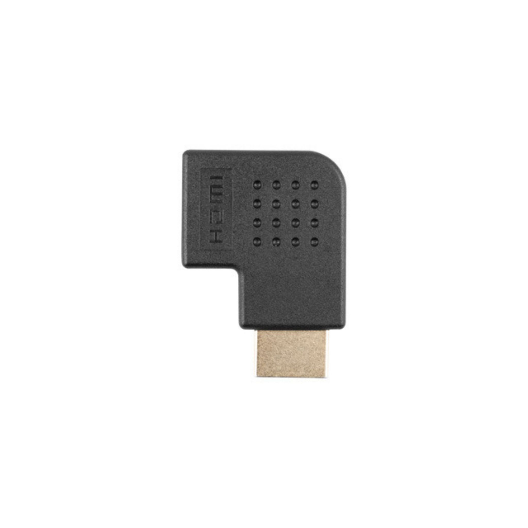 Czarny adapter HDMI, w kształcie L z żeńskim i męskim złączem.