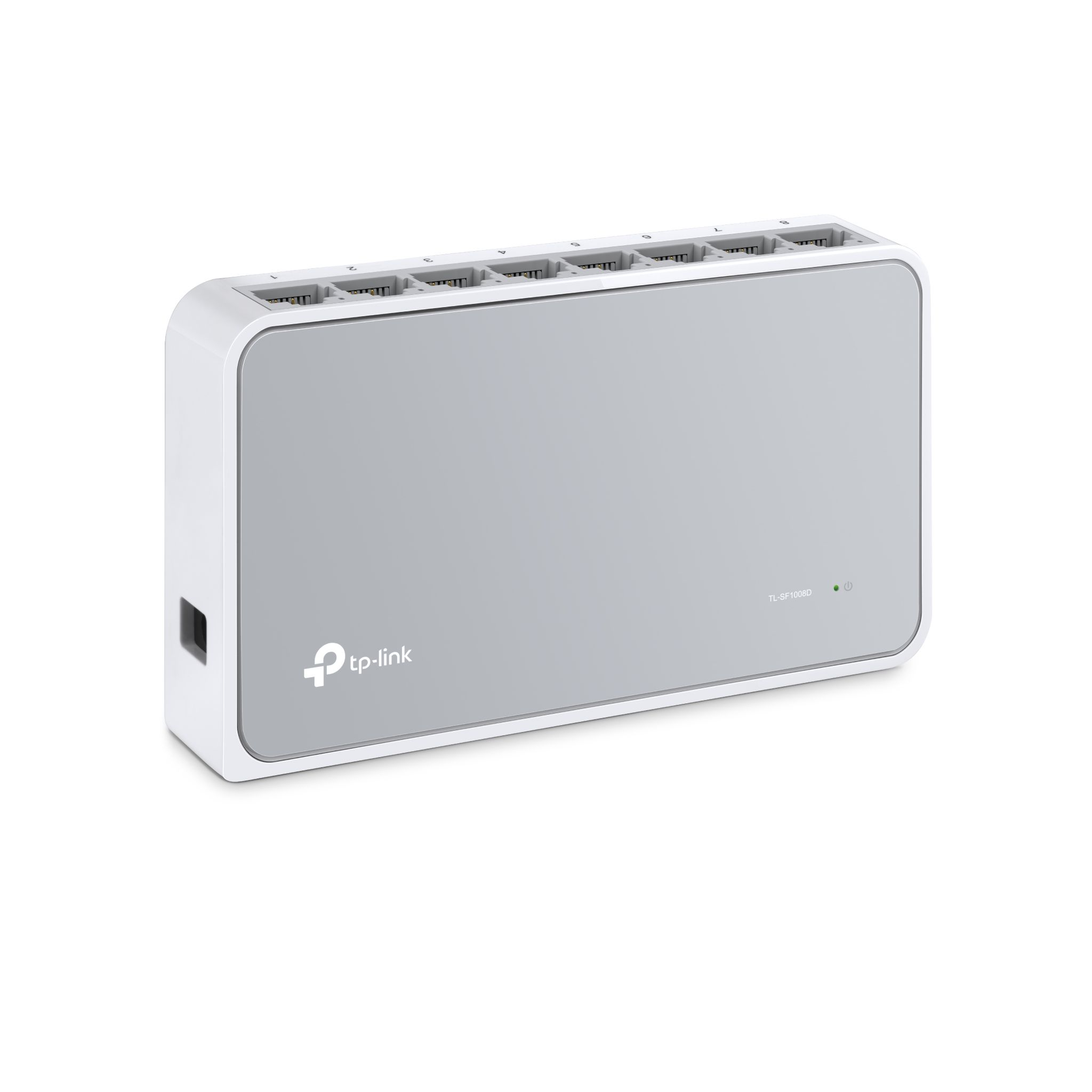 Biało-szary przełącznik sieciowy tp-link. Widoczne wiele portów.