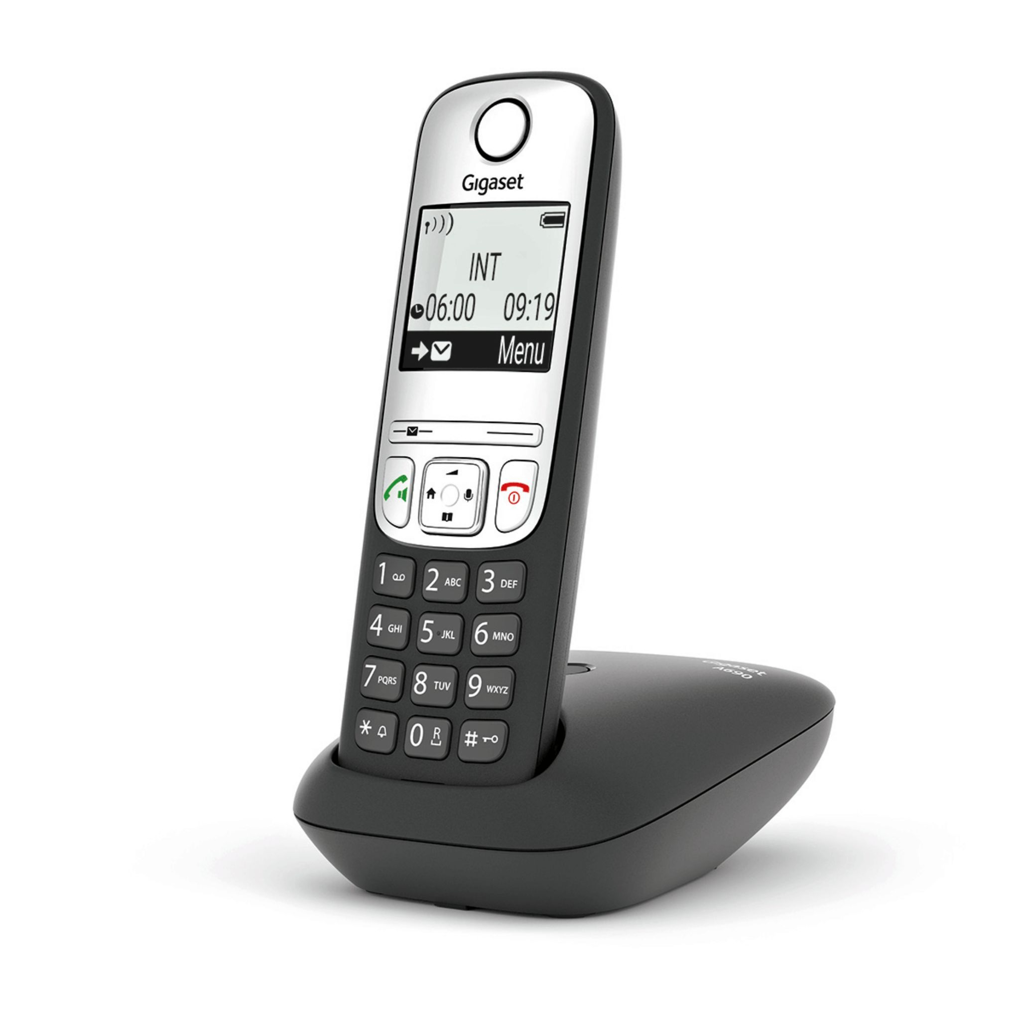 Teléfono inalámbrico Gigaset negro con base, pantalla muestra hora y menú.