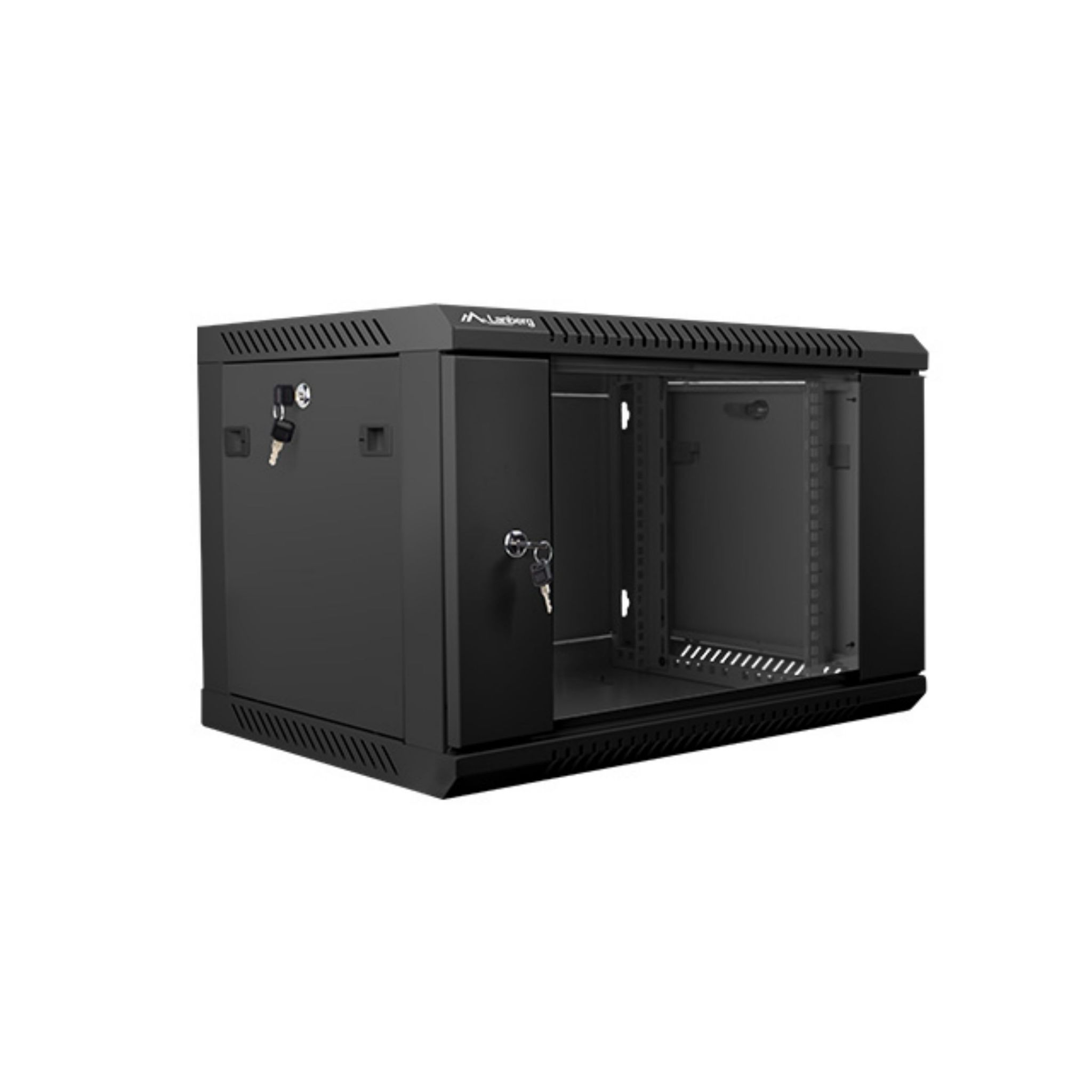 Armario rack de servidor negro con puertas abiertas y llaves, sobre fondo blanco.
