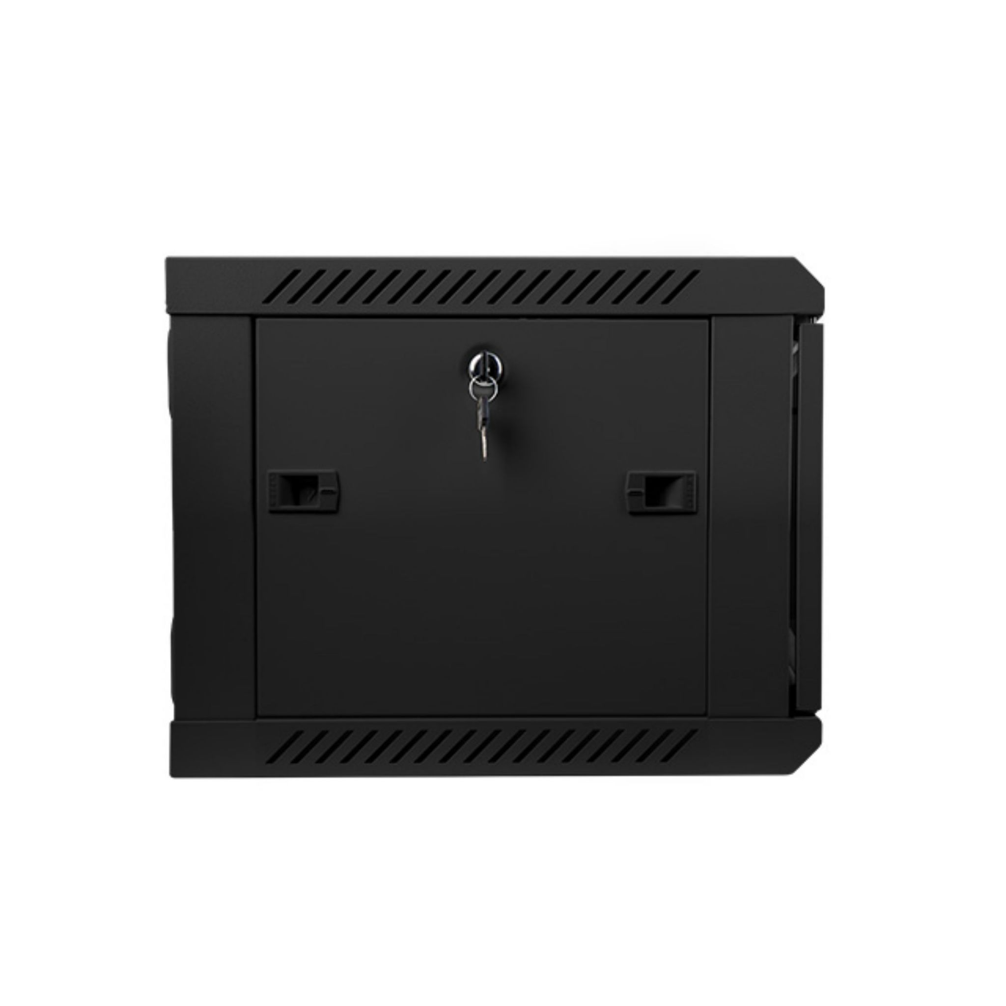 Un rack de servidor negro, con cerradura y llave en la puerta frontal.