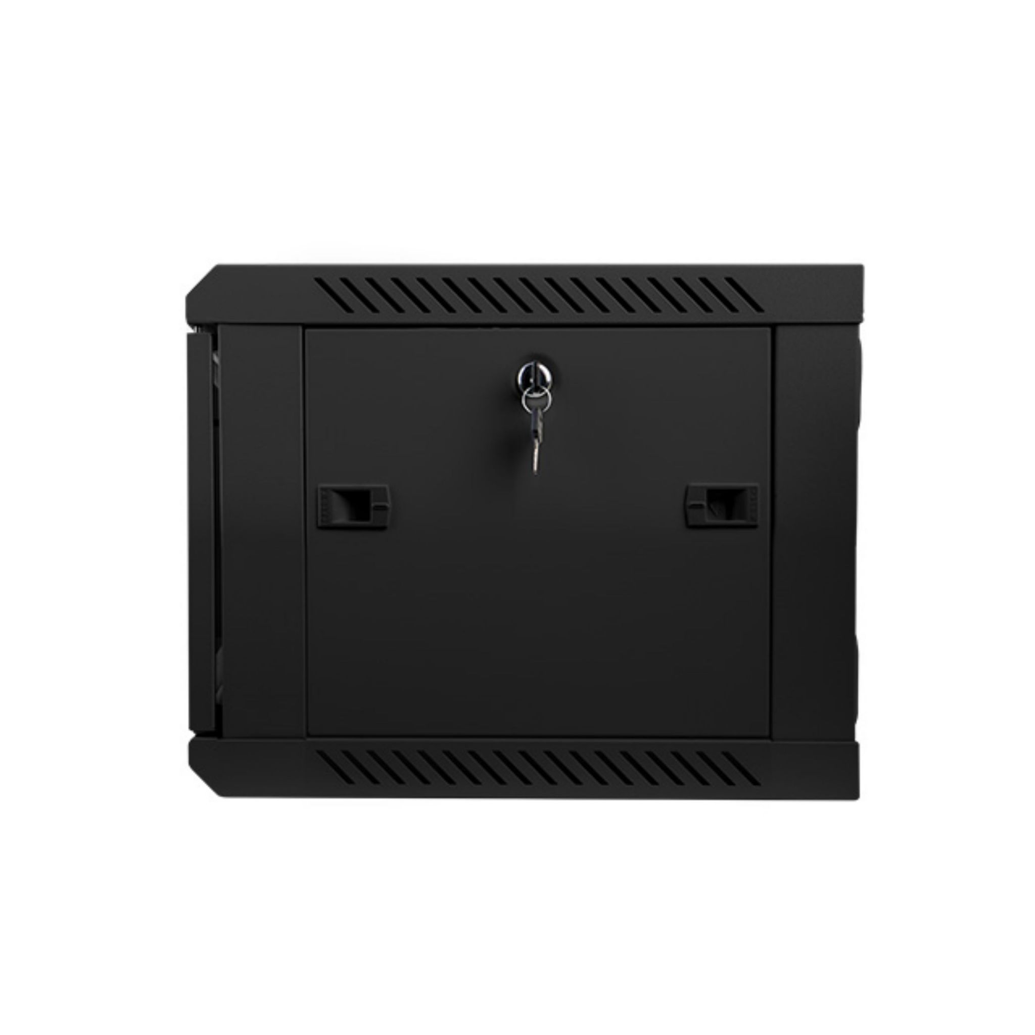 Armario rack de servidor negro con puerta cerrada y llave en la cerradura.