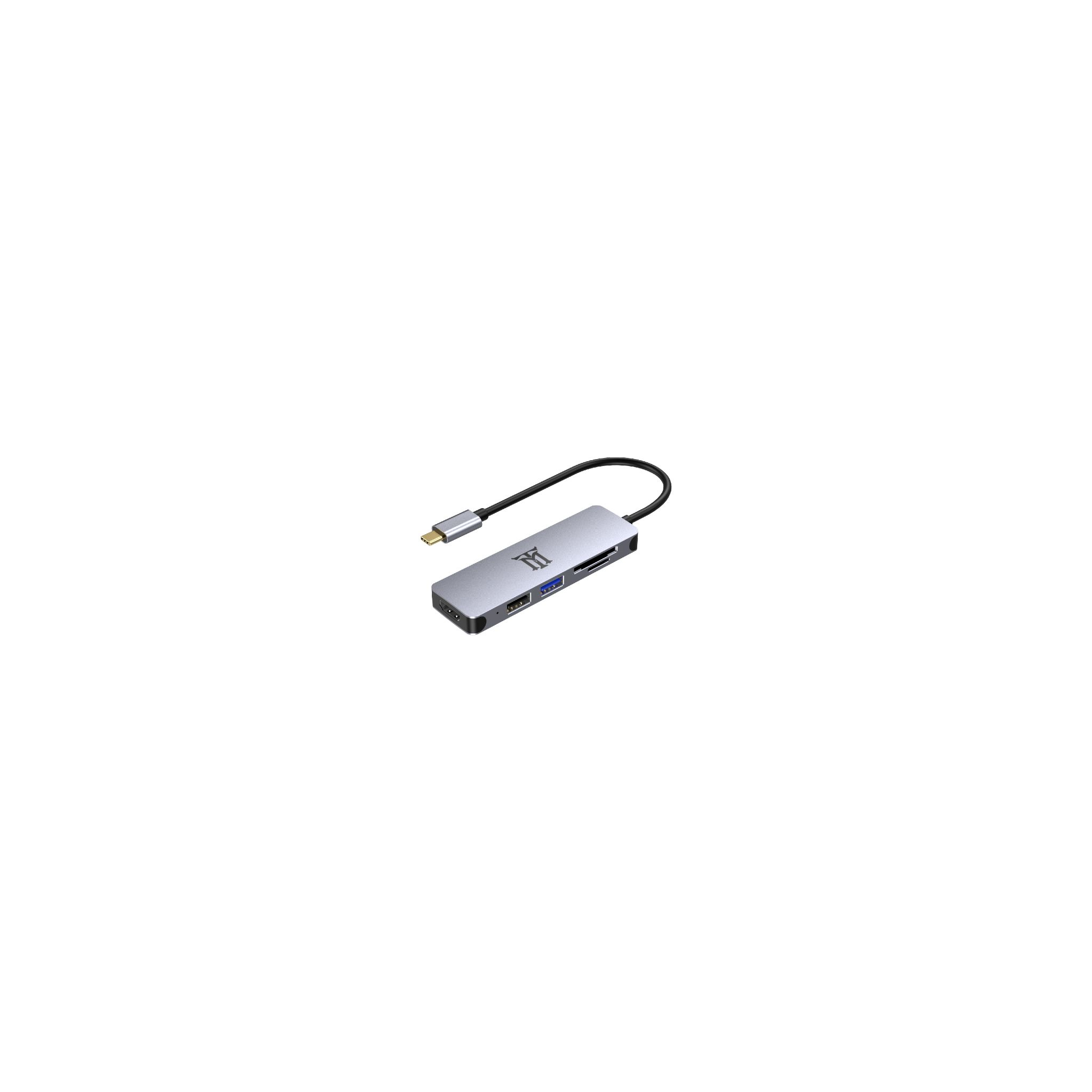 Un hub argento con connettore USB-C. Ha più porte: HDMI, USB, lettore di schede SD ed Ethernet.