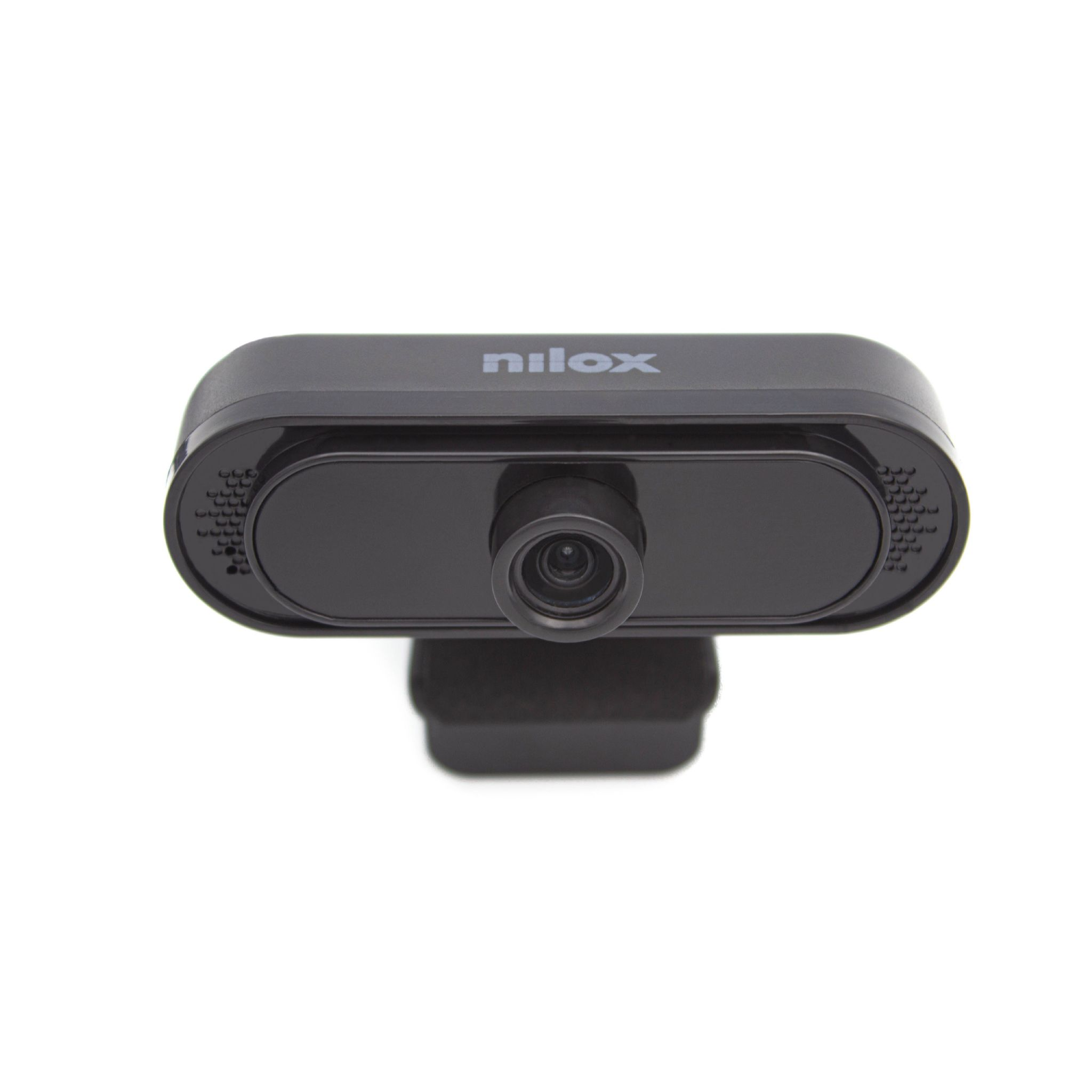 Una webcam Nilox negra, centrada, con lente y soporte pequeño, fondo blanco.