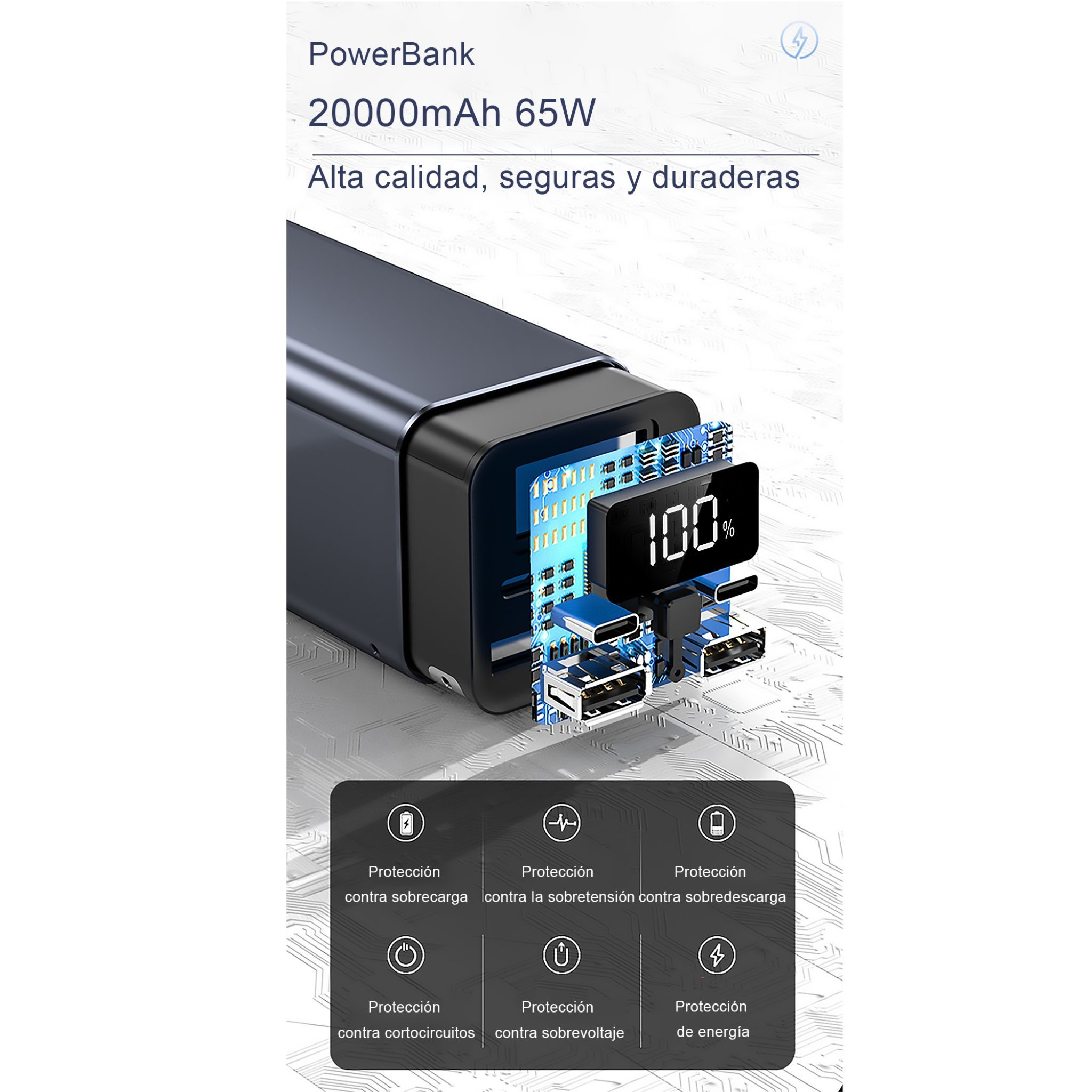 Banco de energía con pantalla mostrando 100%, con múltiples puertos USB e iconos.