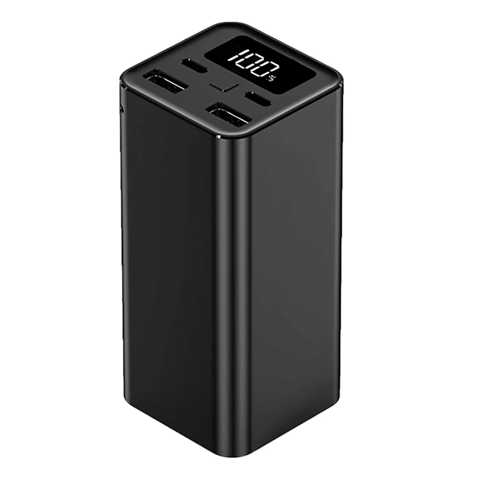 Batería externa negra con pantalla que muestra 100% de carga, con puertos USB.