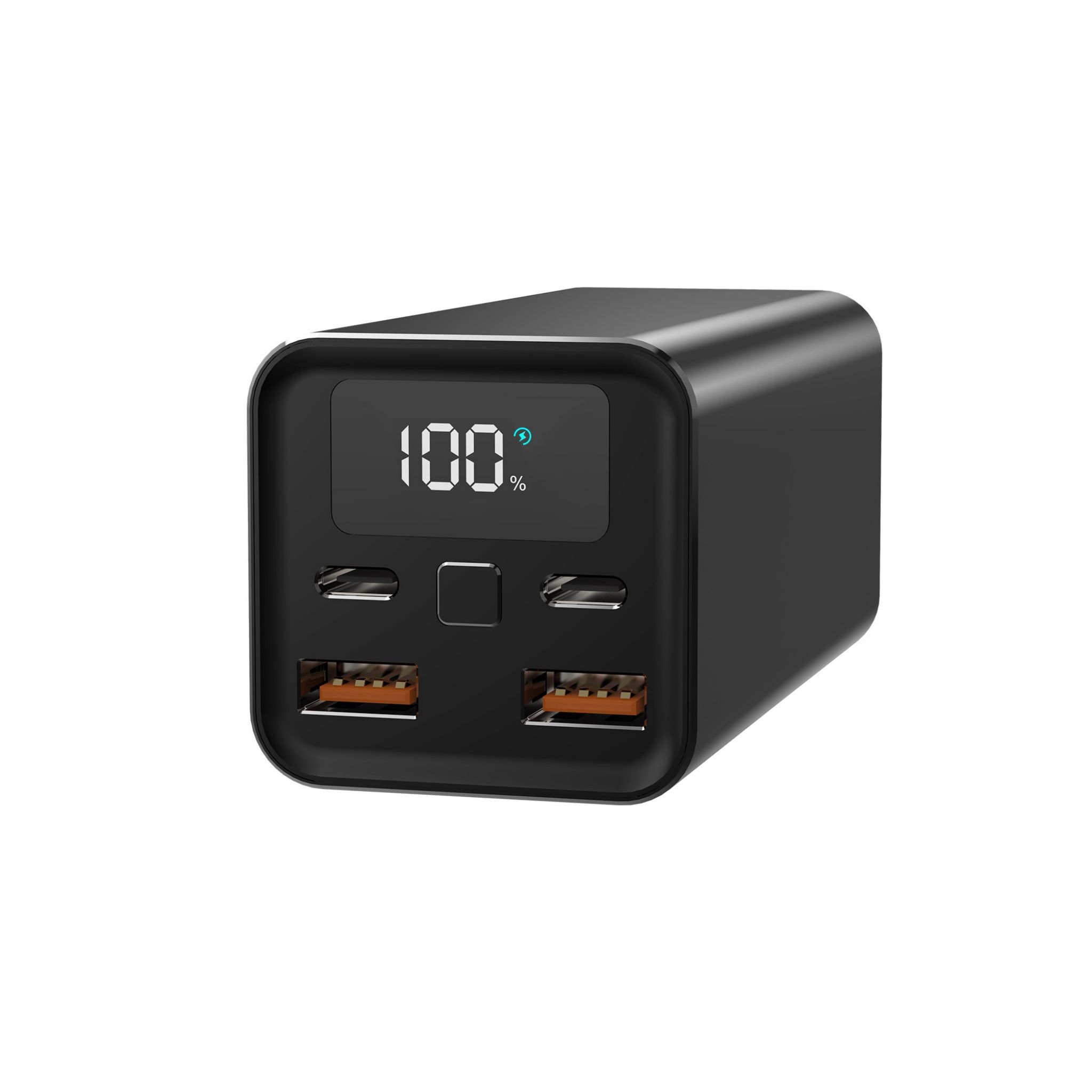 Banco de energía negro con pantalla digital que muestra el 100%. Cuatro puertos USB visibles. Fondo blanco.