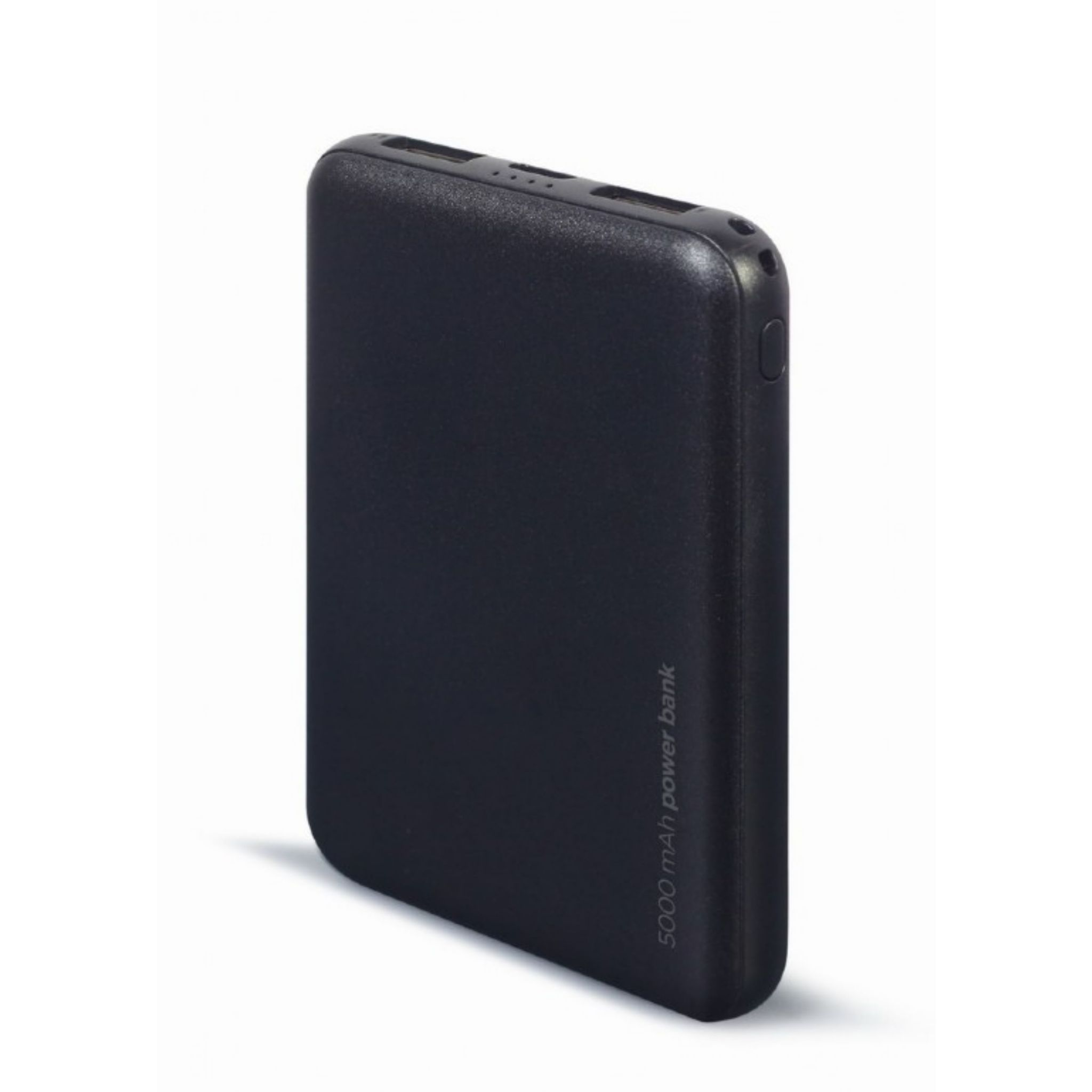 Zwarte powerbank. Het heeft een glad oppervlak. Witte achtergrond.