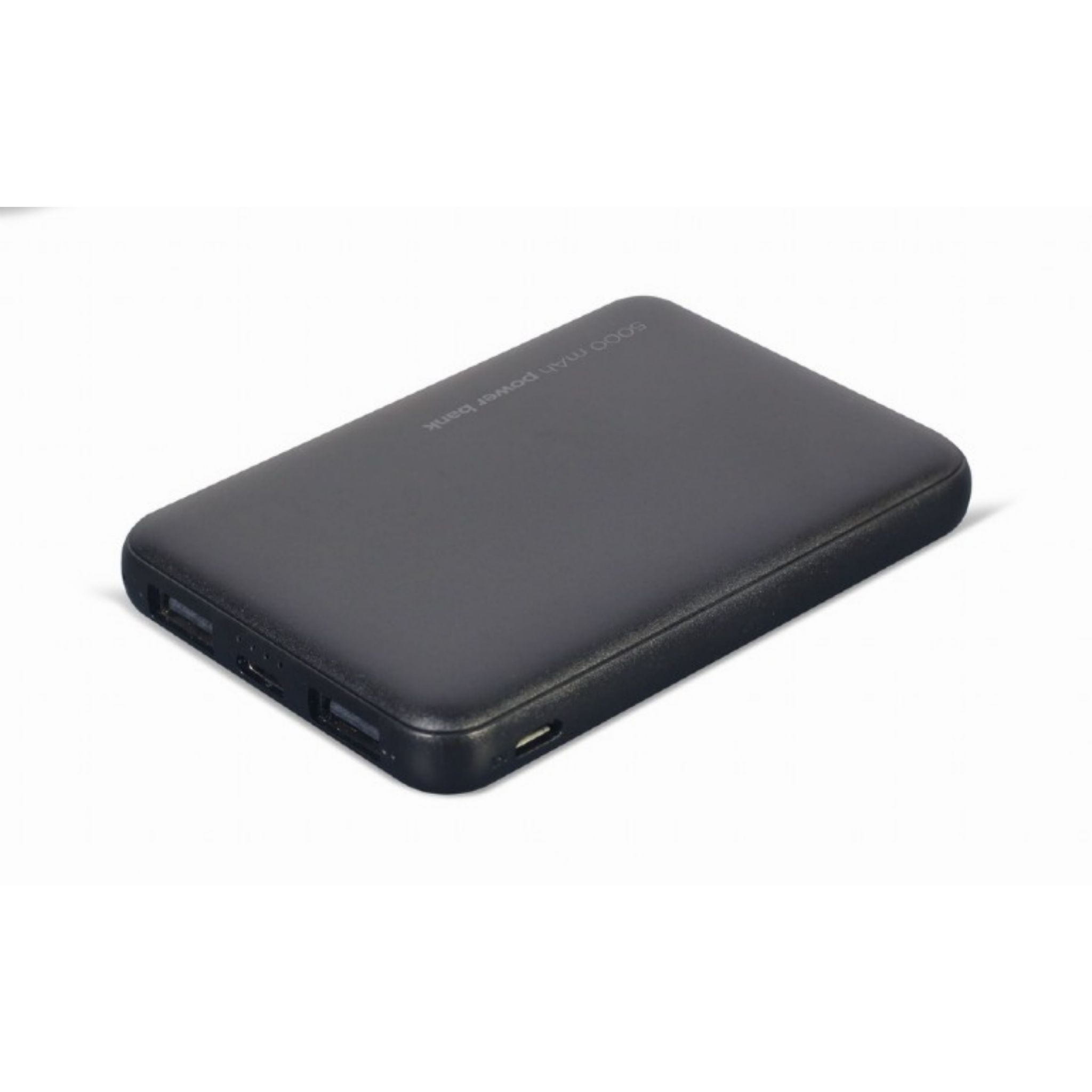 Zwarte powerbank, rechthoekige vorm. Het heeft poorten aan de zijkant en een eenvoudig ontwerp. Witte achtergrond.