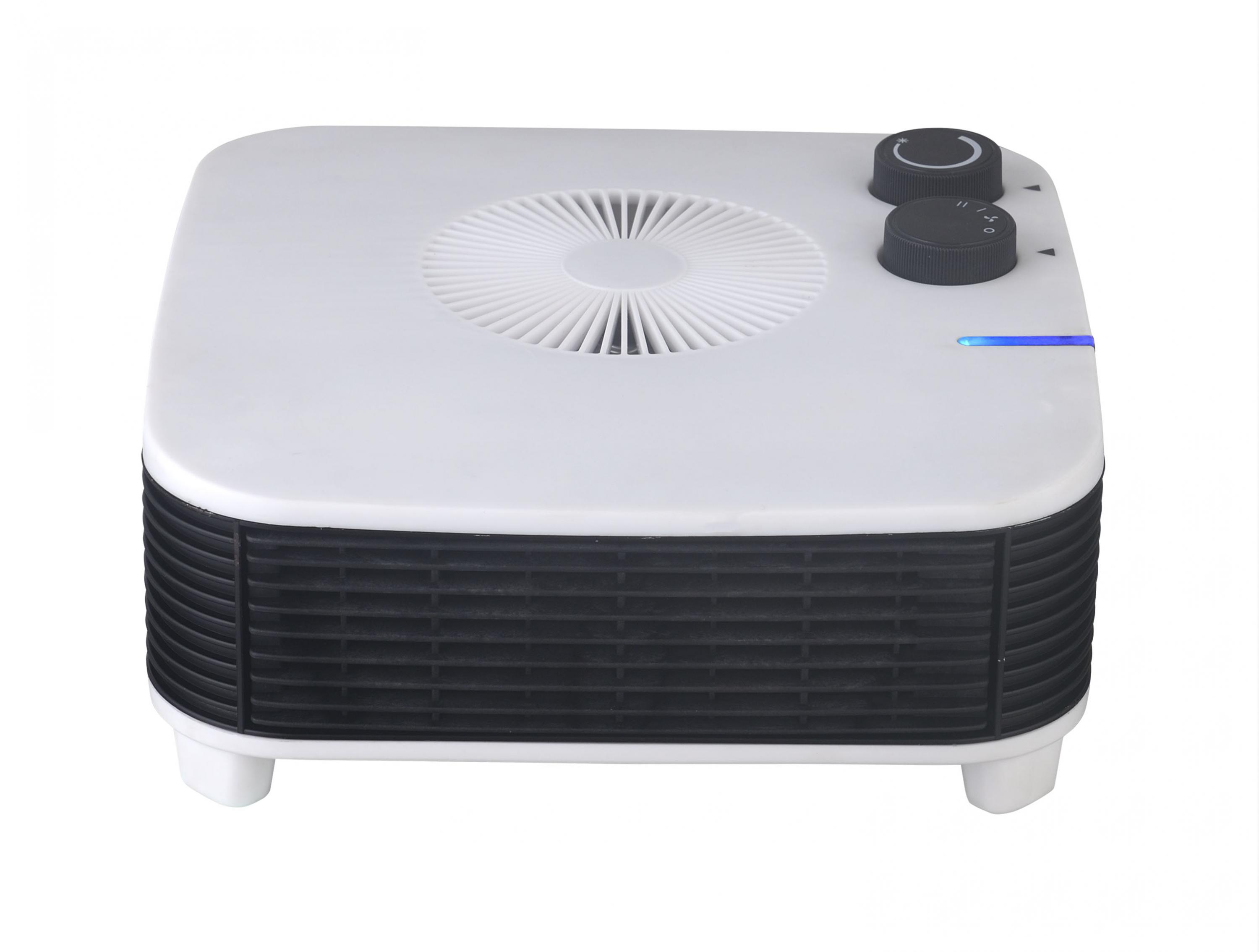 Calentador eléctrico blanco con rejilla negra y controles. Luz azul indica funcionamiento.