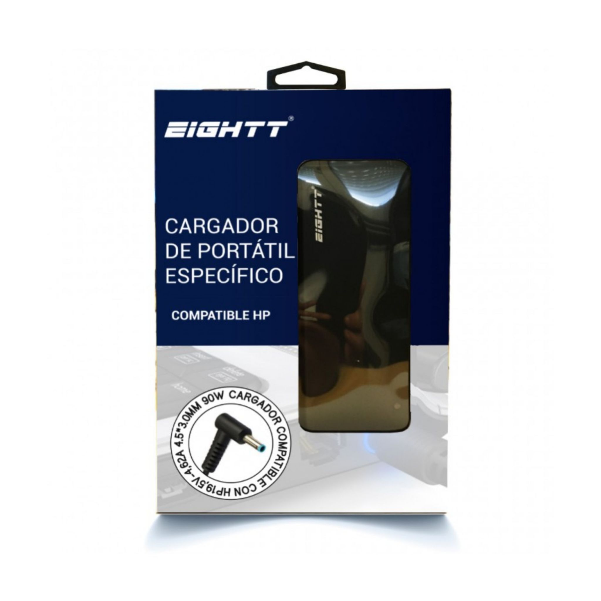 Una caja con cargador para portátil, con el nombre EIGHTT y el texto 'CARGADOR DE PORTÁTIL'.