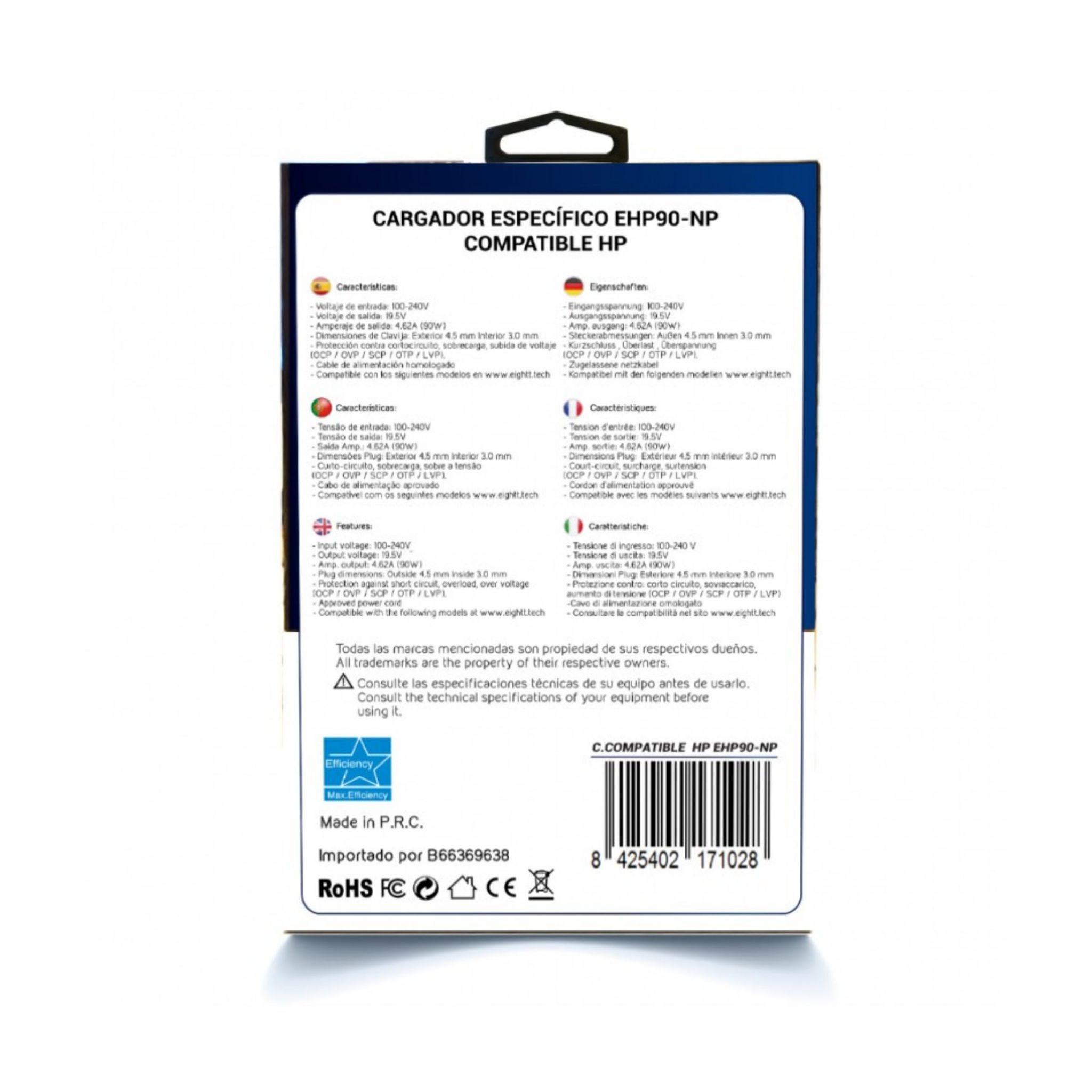 Una caja de producto con especificaciones en varios idiomas, incluido el inglés.
