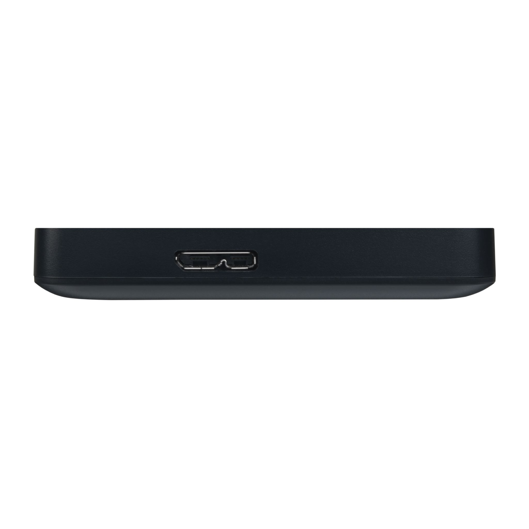 Un dispositivo negro con un puerto USB. El dispositivo está sobre un fondo blanco.