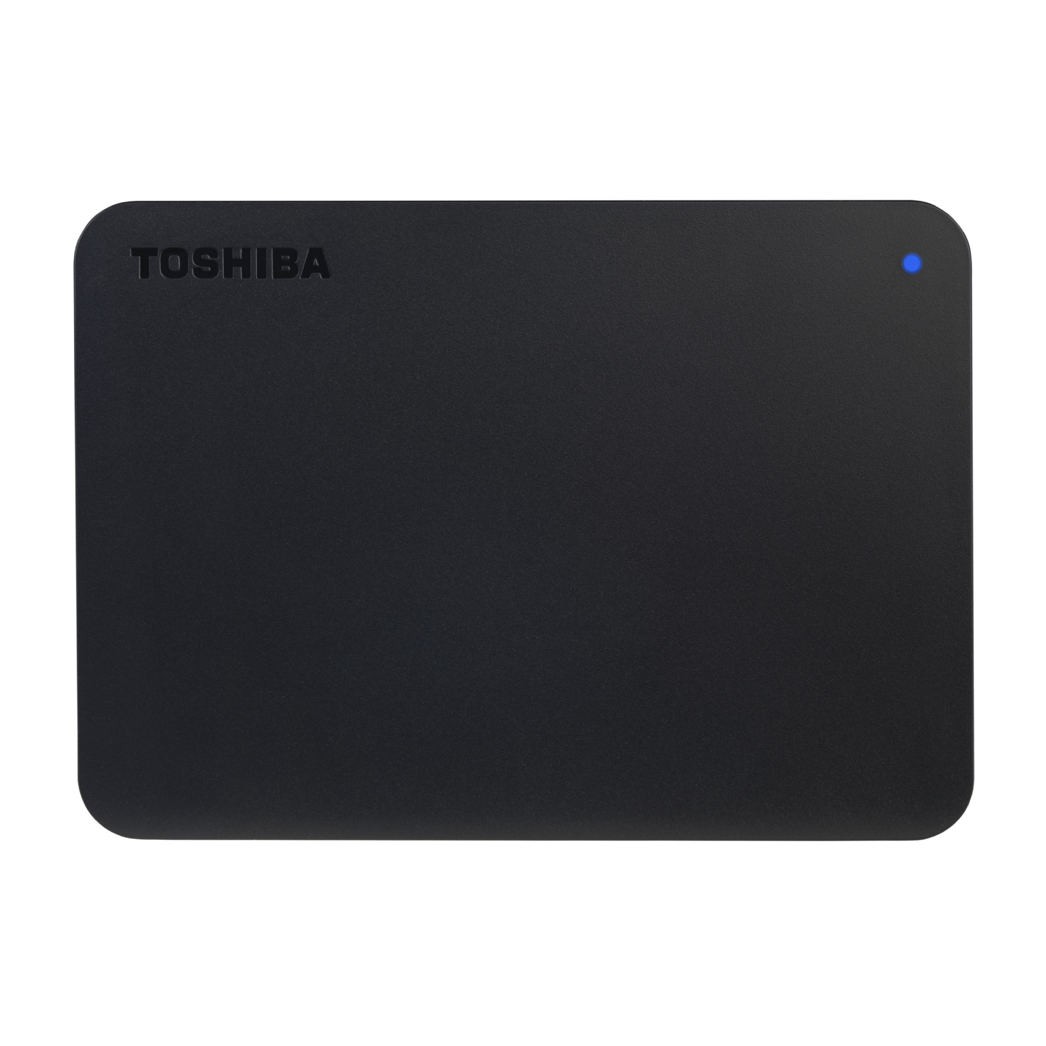 Disco duro externo Toshiba negro. Con nombre de marca y LED azul.