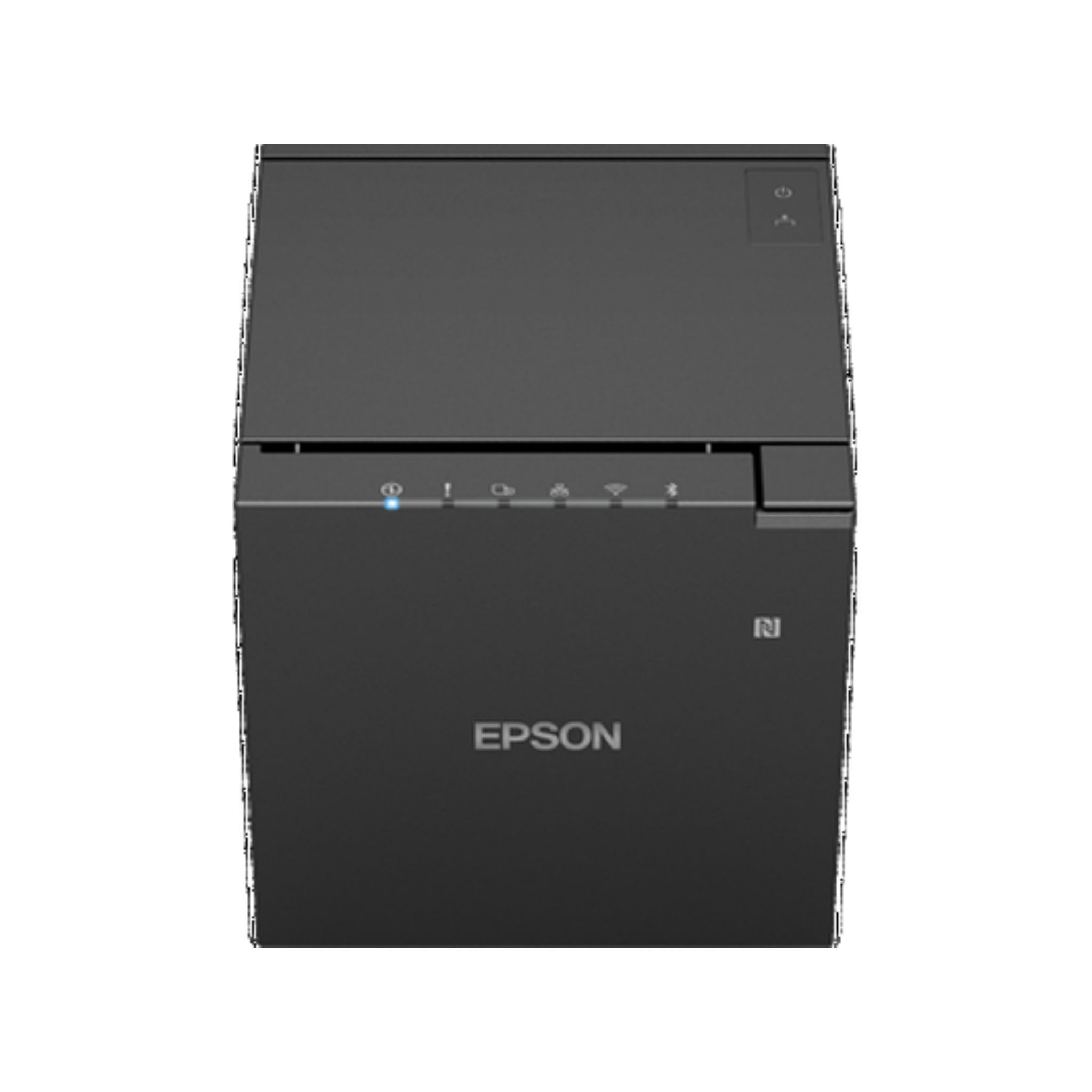 Schwarzer Epson-Thermodrucker. Er hat Kontrollleuchten und einen Ein- / Aus-Schalter auf der Vorderseite.