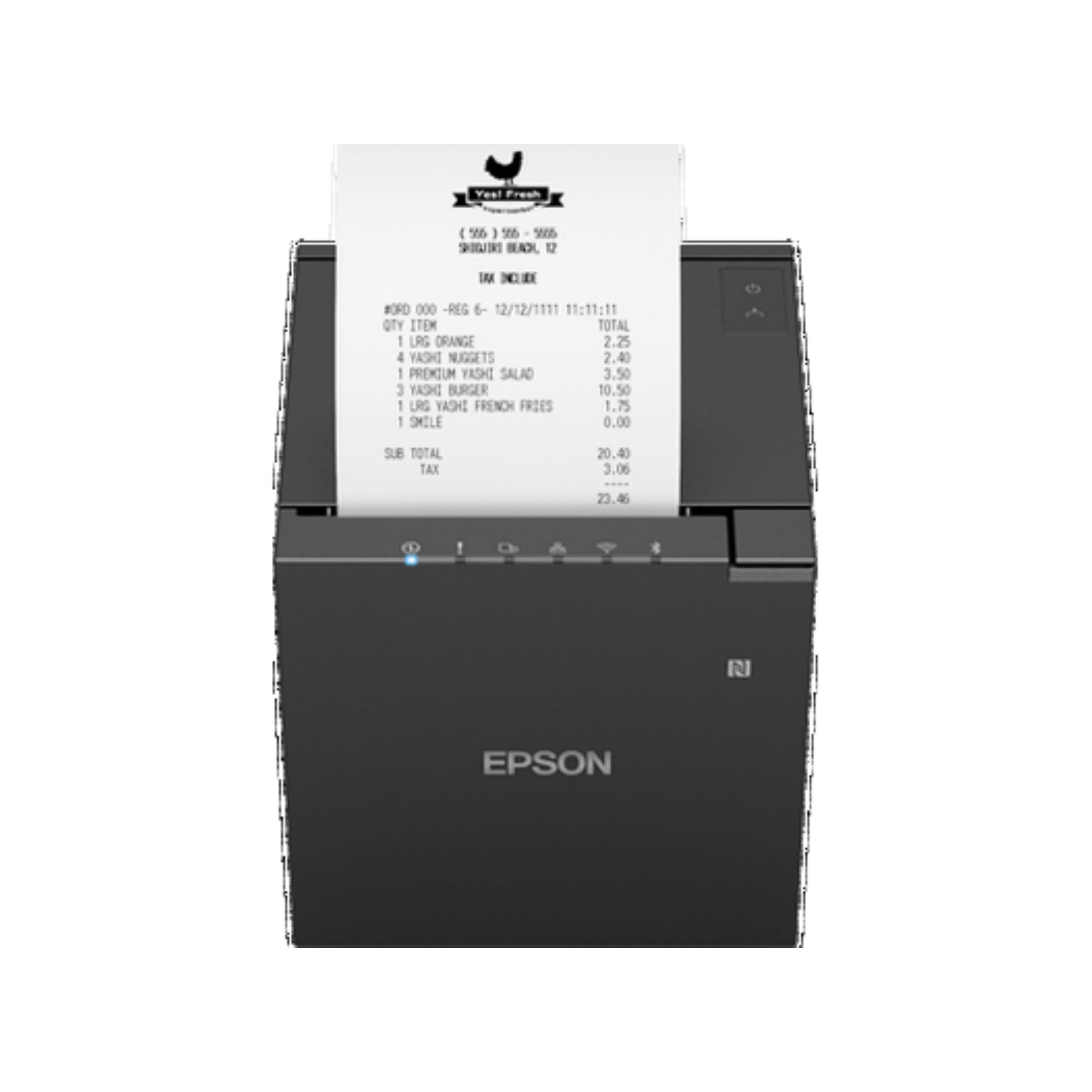 Ein schwarzer Epson-Drucker mit einem darauf gedruckten Beleg, auf weißem Hintergrund.