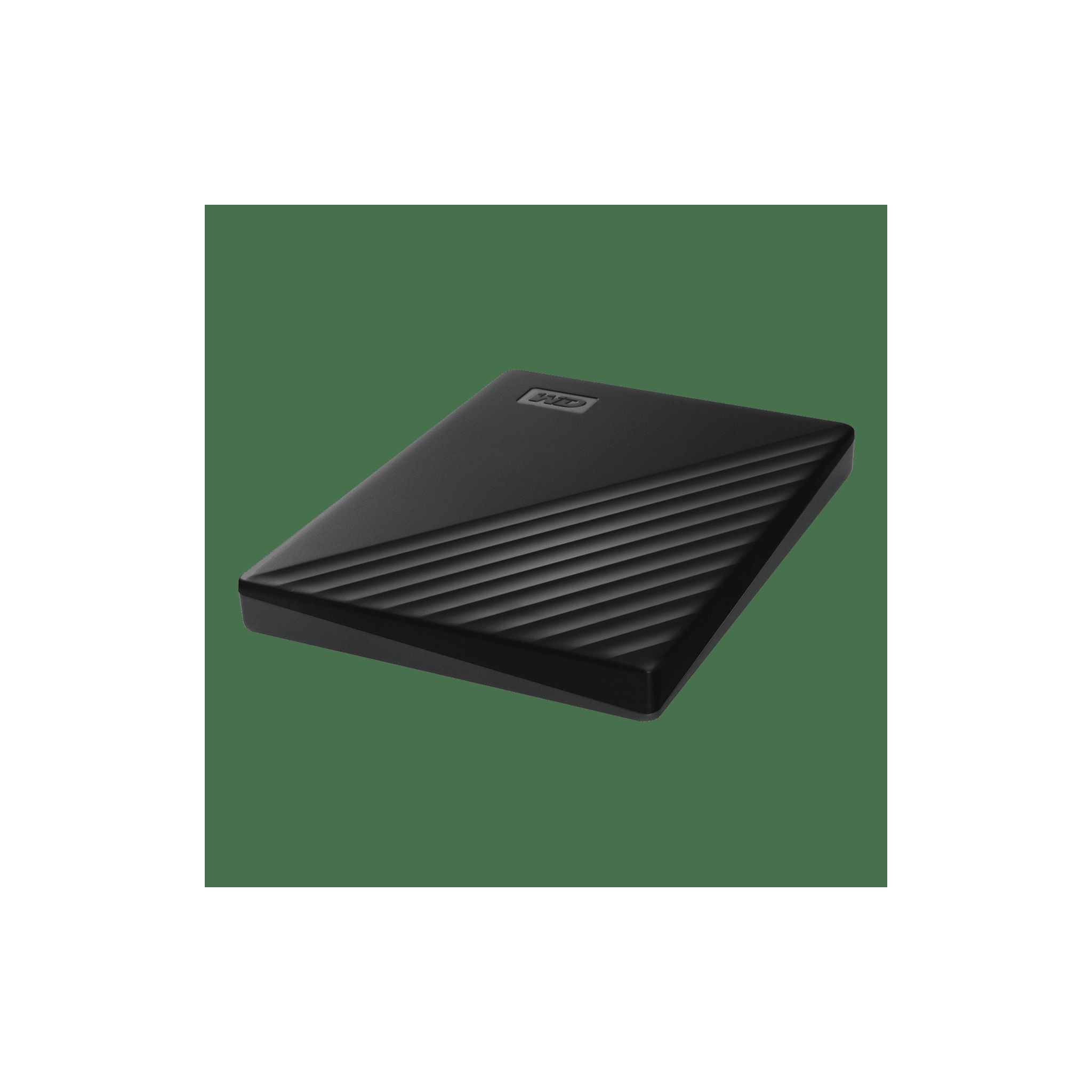 Czarny zewnętrzny dysk twardy z żebrowanym wierzchem na zielonym tle.