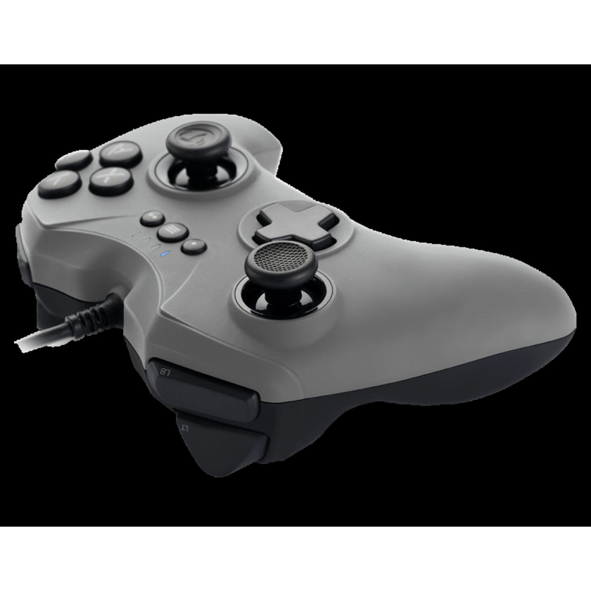 Controller di gioco grigio su sfondo nero. Ha diversi pulsanti e un joystick.