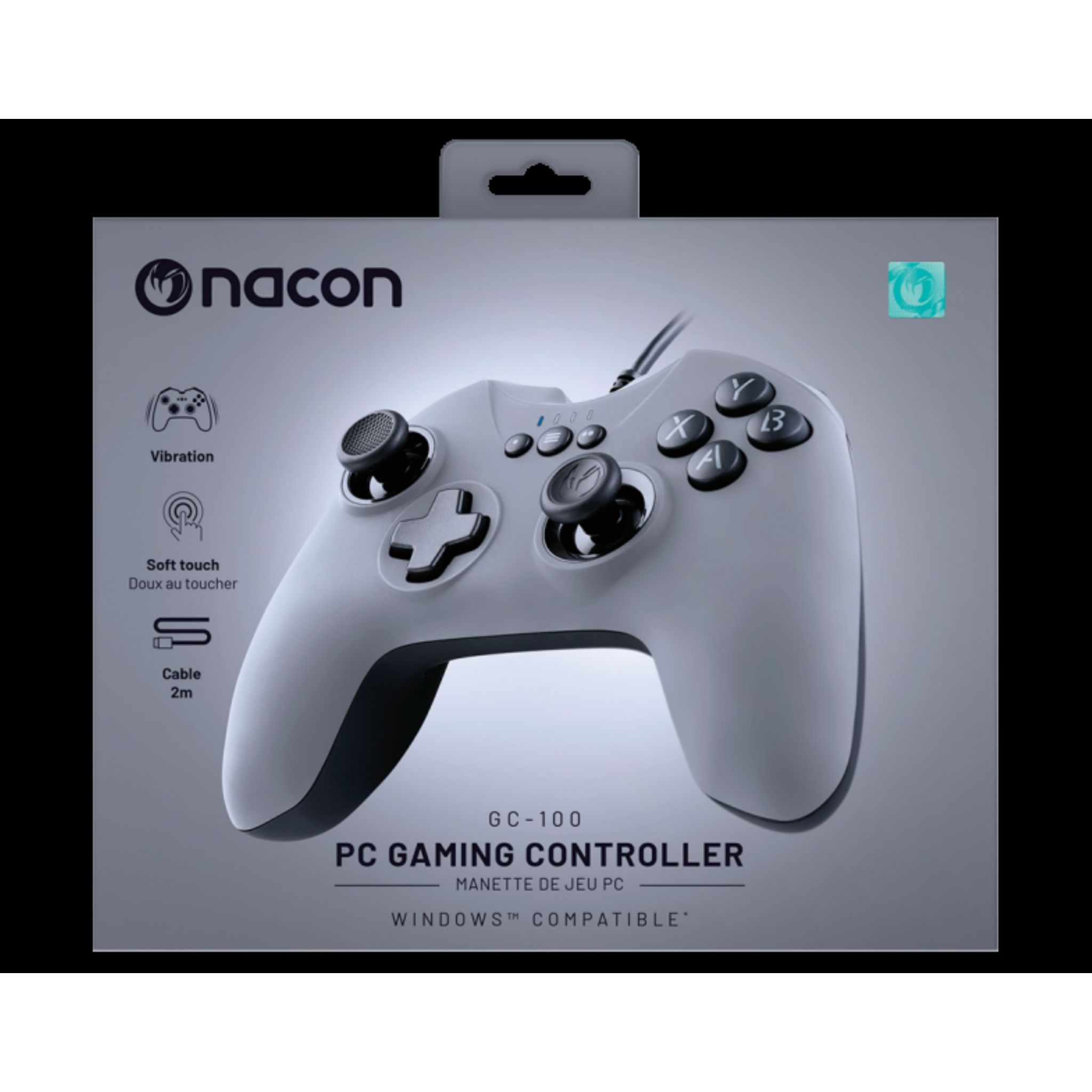 Controller per PC gaming bianco in scatola. Ha pulsanti e un cavo.
