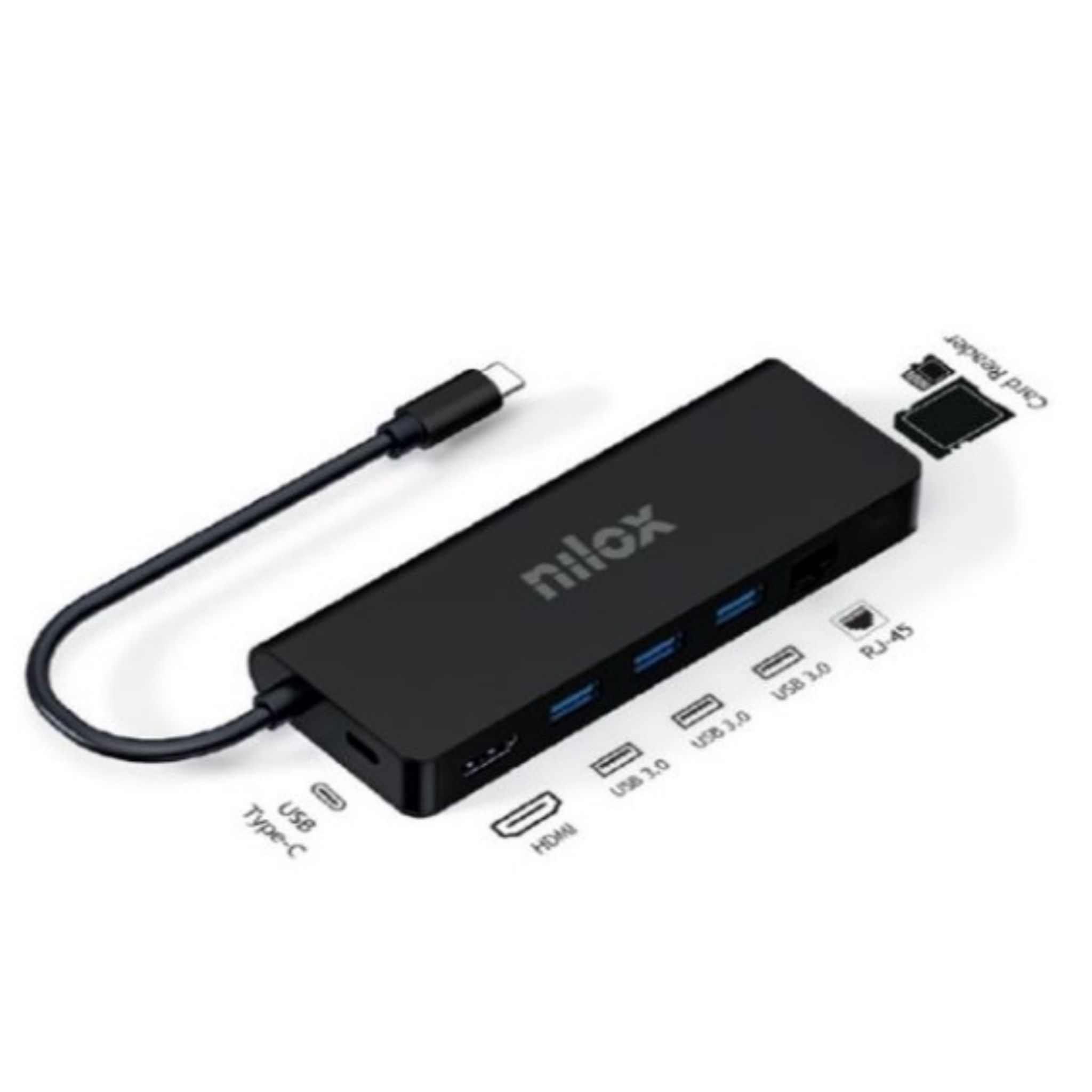 Concentrador USB-C negro con múltiples puertos, incluyendo USB, HDMI y ethernet. Fondo blanco.