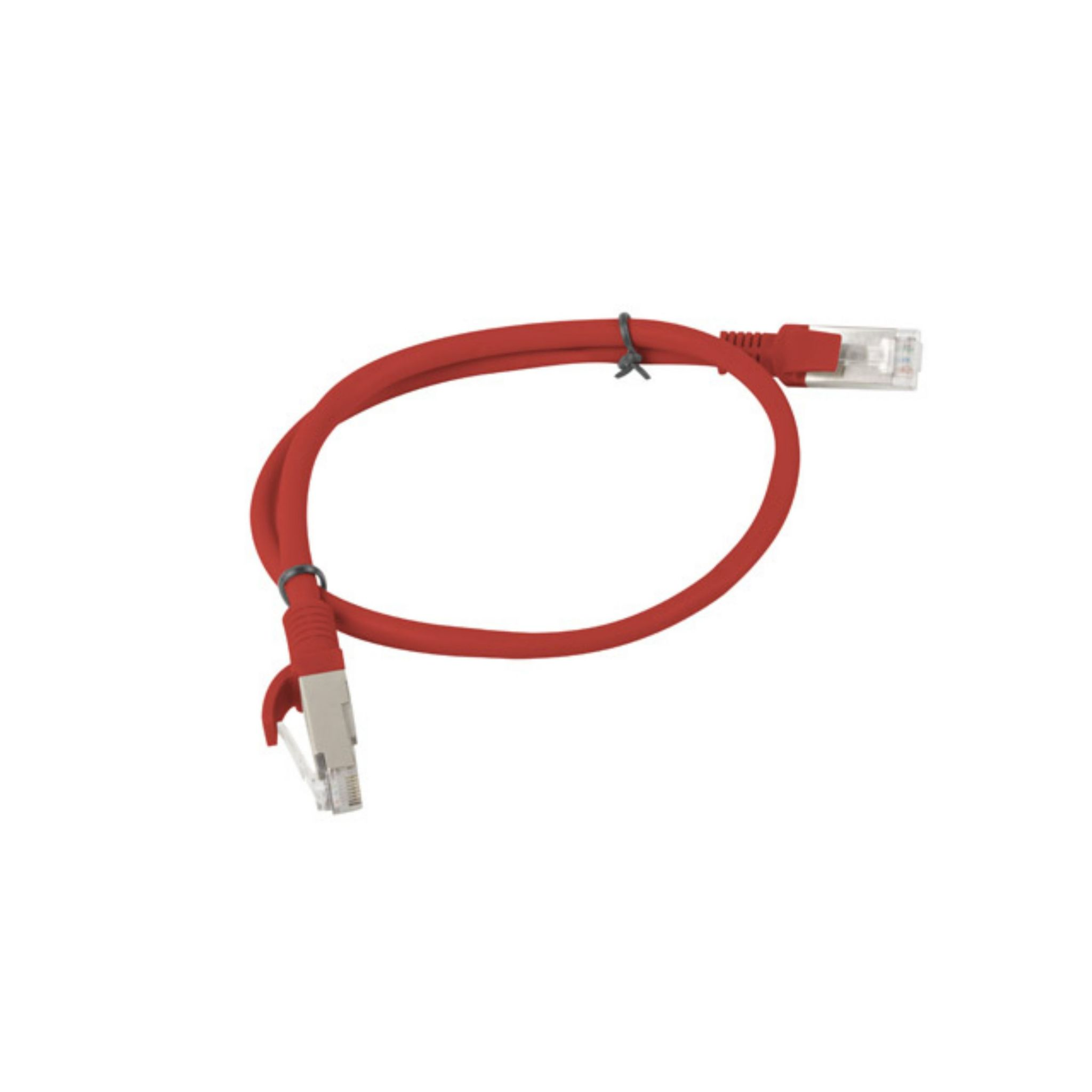 Cavo ethernet rosso con connettori e fascetta.