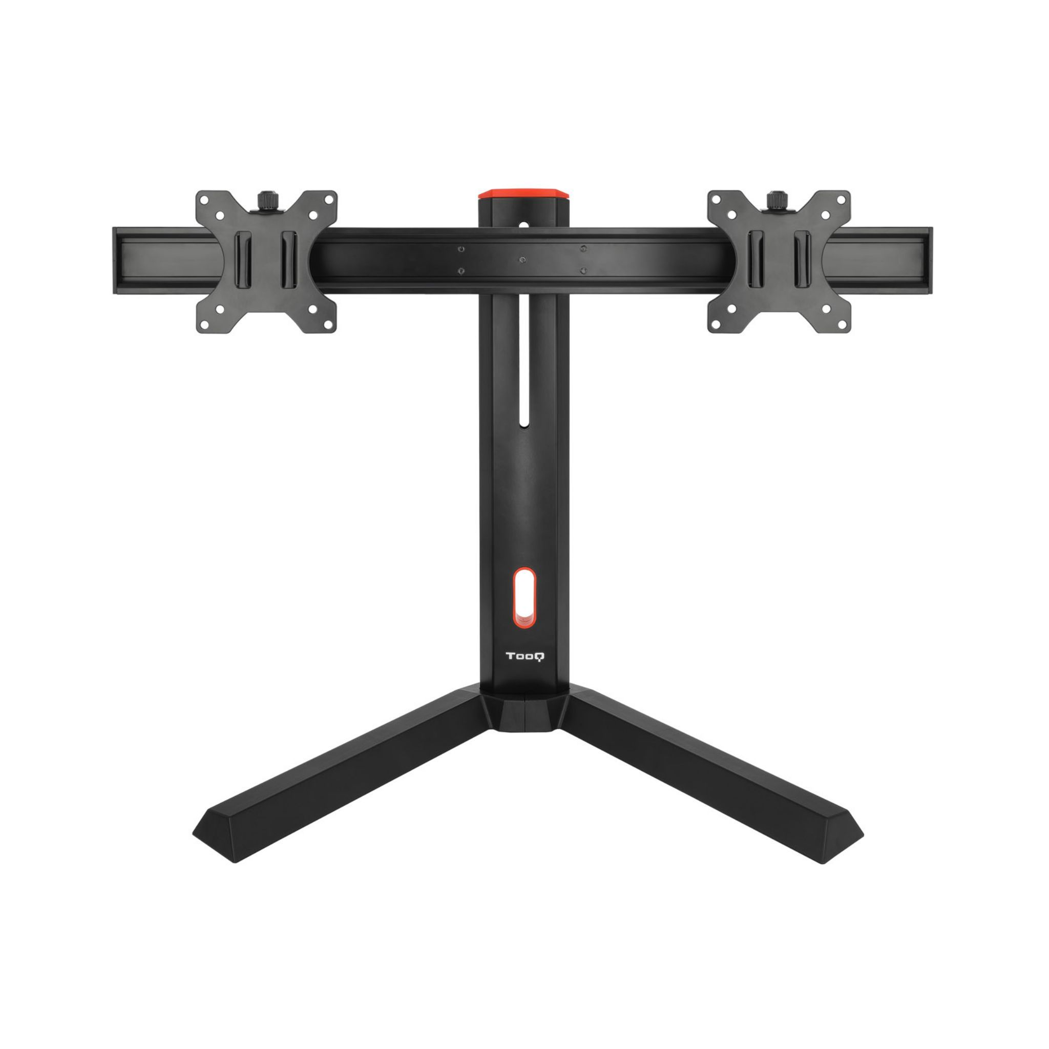 Supporto monitor nero e rosso. Ha due bracci per sostenere i monitor. Sfondo bianco.