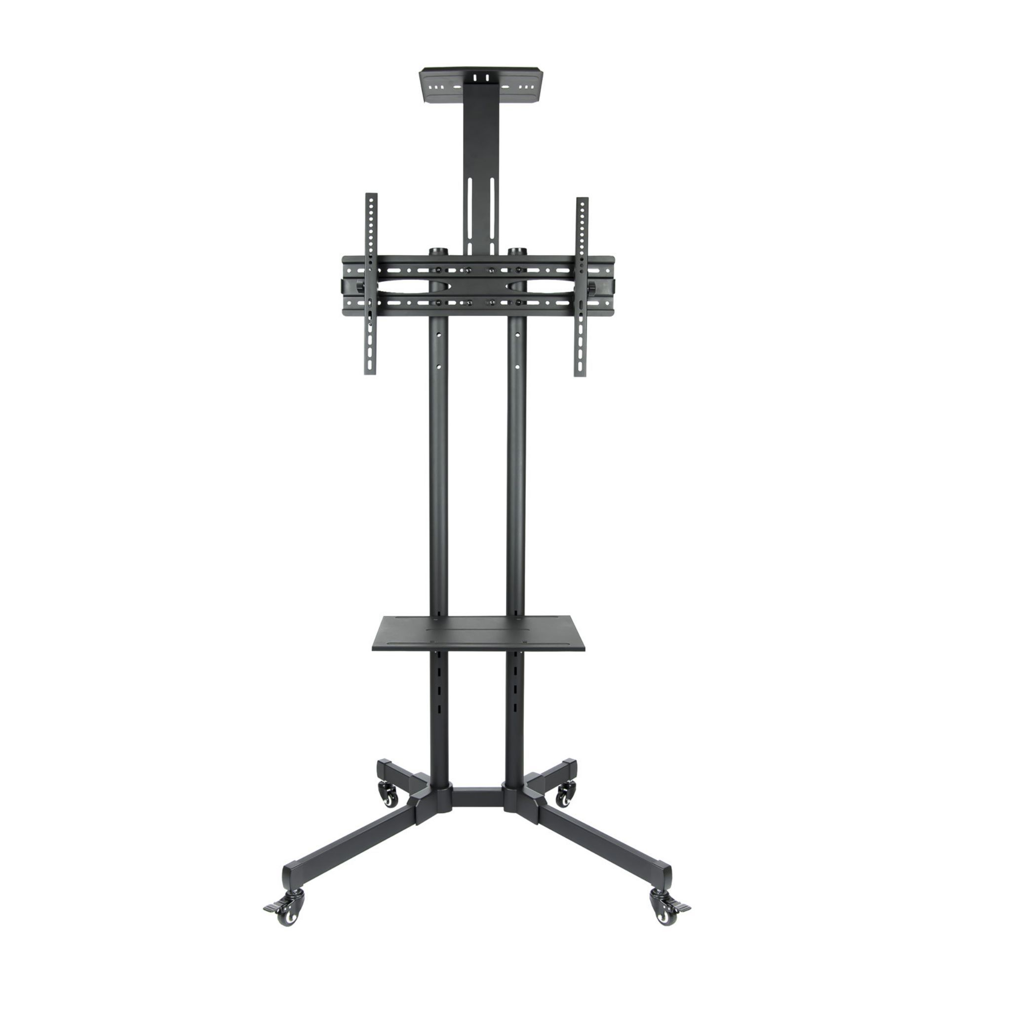 Soporte de TV negro con ruedas, dos brazos ajustables. Fondo blanco.
