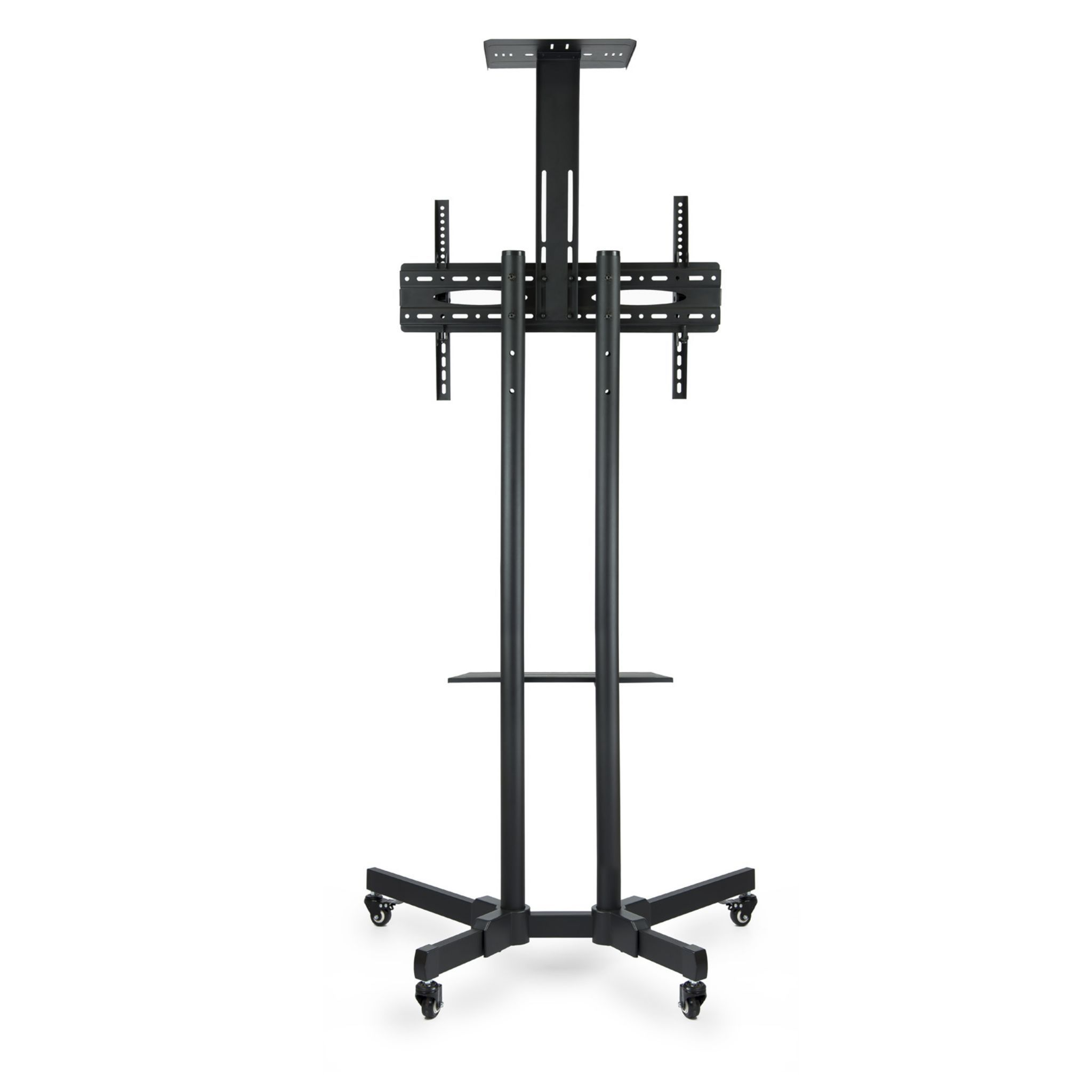 Soporte de TV negro con ruedas, que sostiene un soporte de TV.