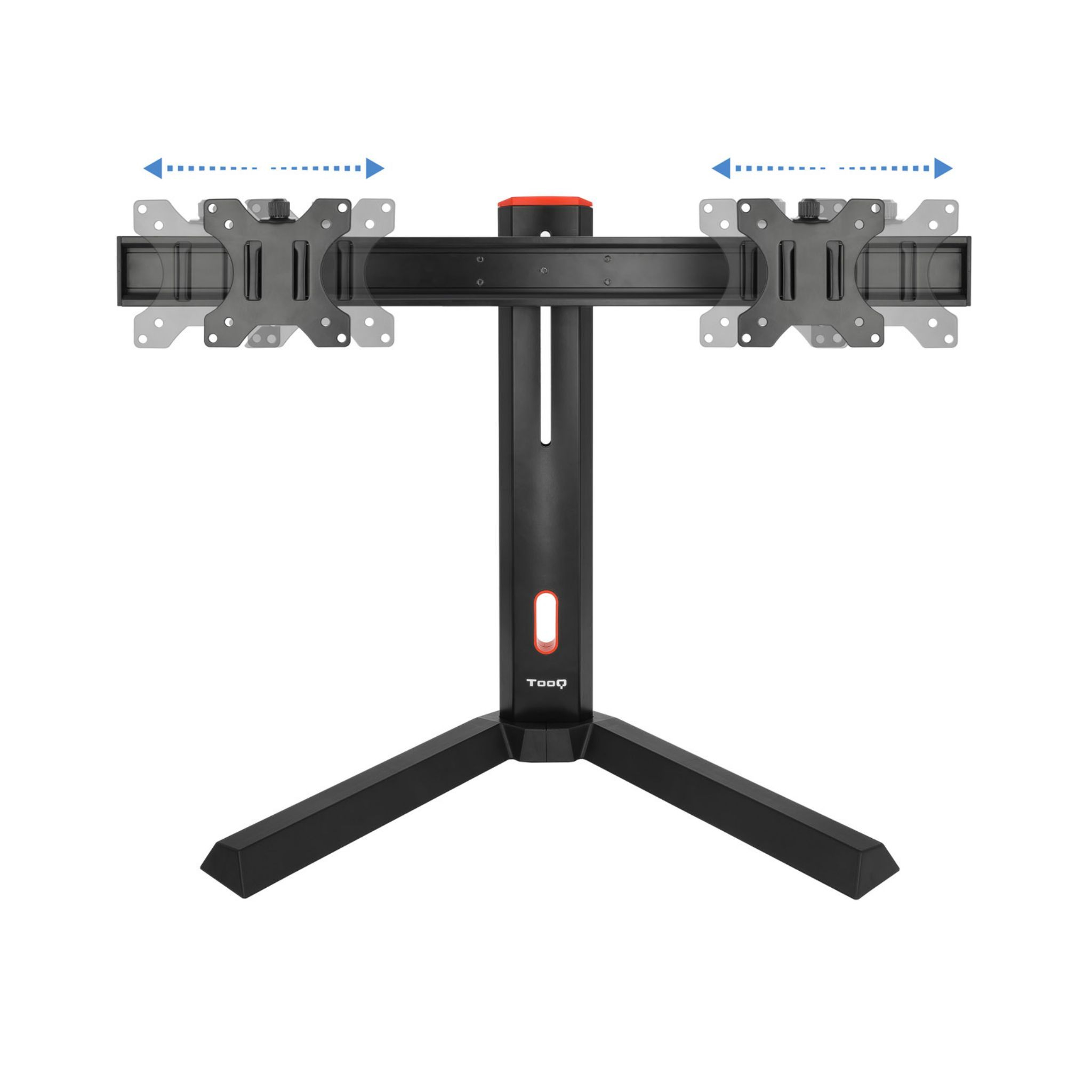 Un supporto per monitor nero con due supporti per monitor. Il supporto è su una superficie bianca.