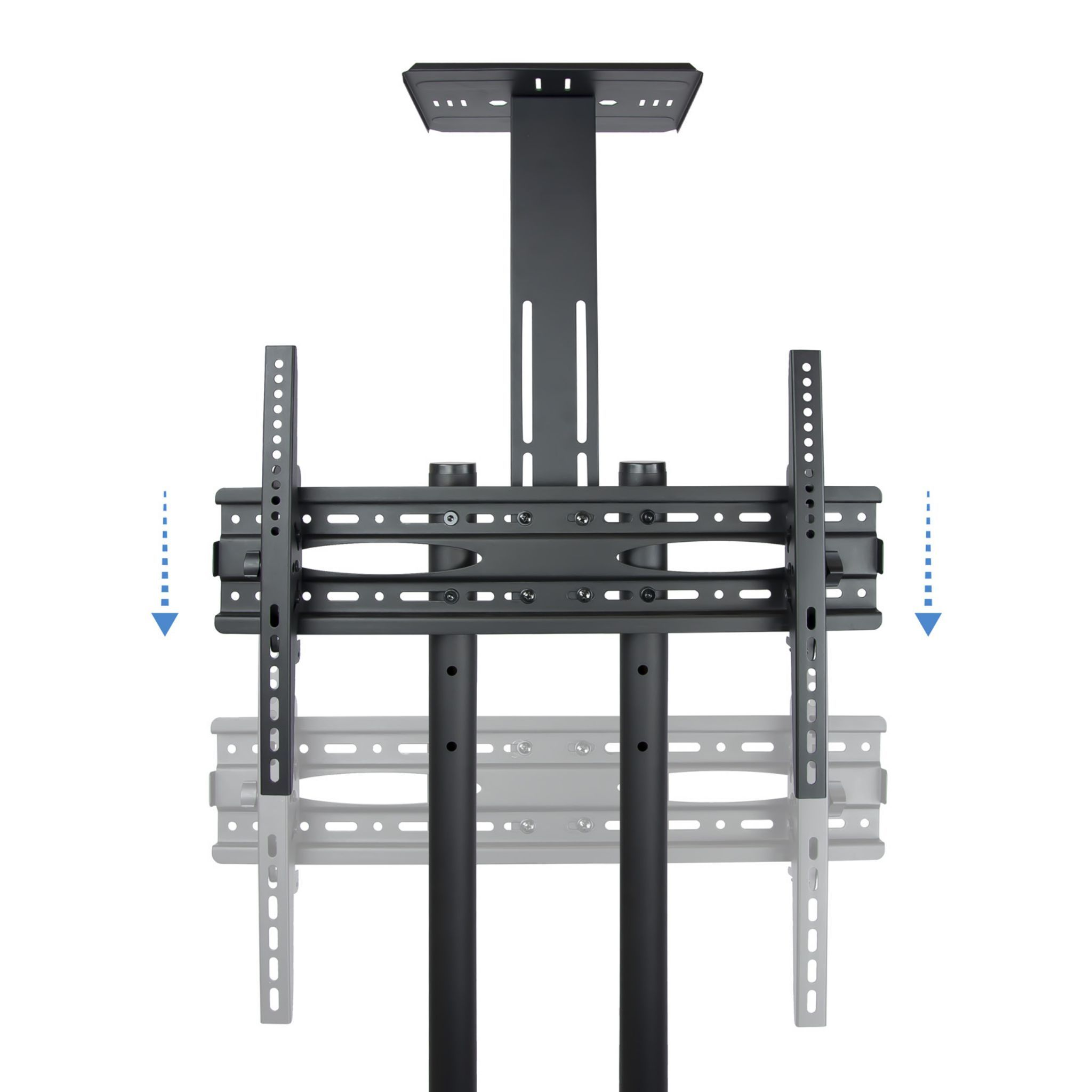 Soporte de TV negro con soportes ajustables y marco vertical sobre fondo blanco.
