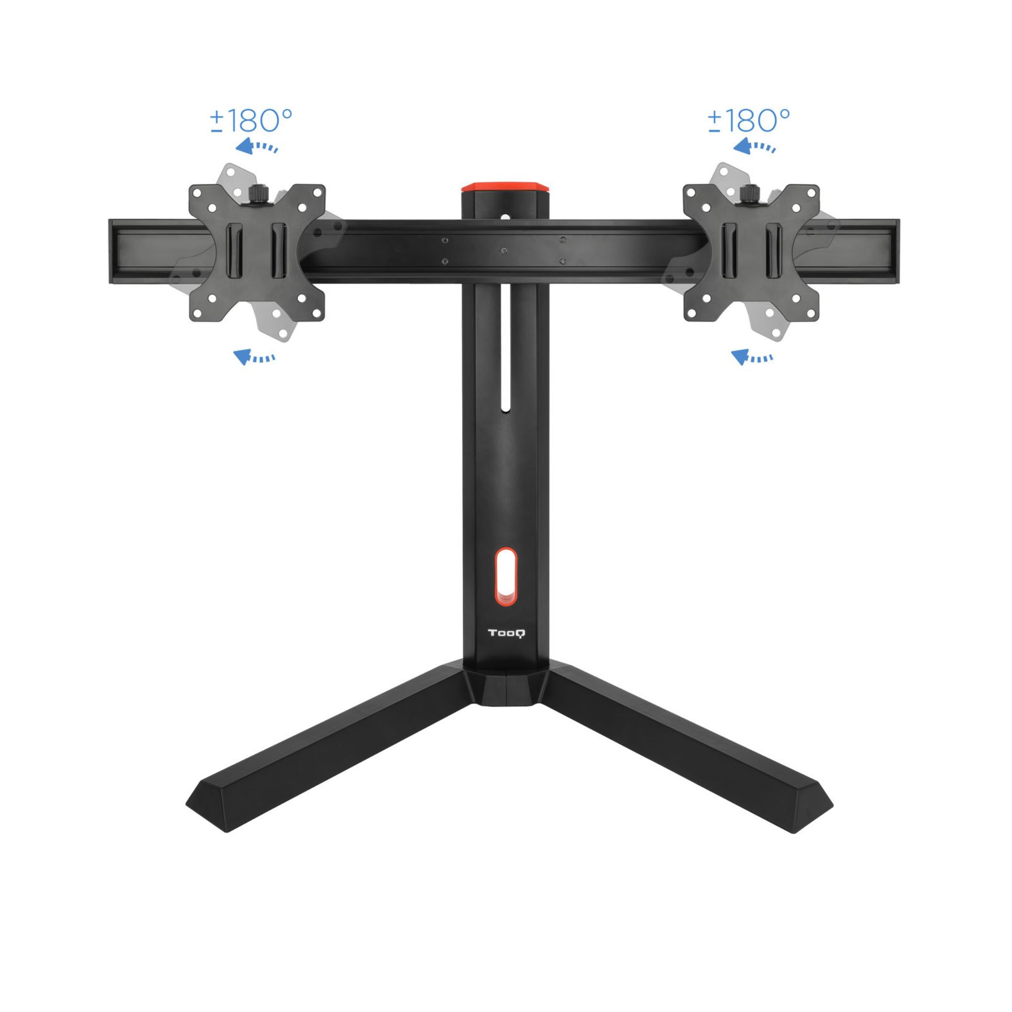Supporto per doppio monitor con bracci regolabili. Base e palo neri con accento rosso.
