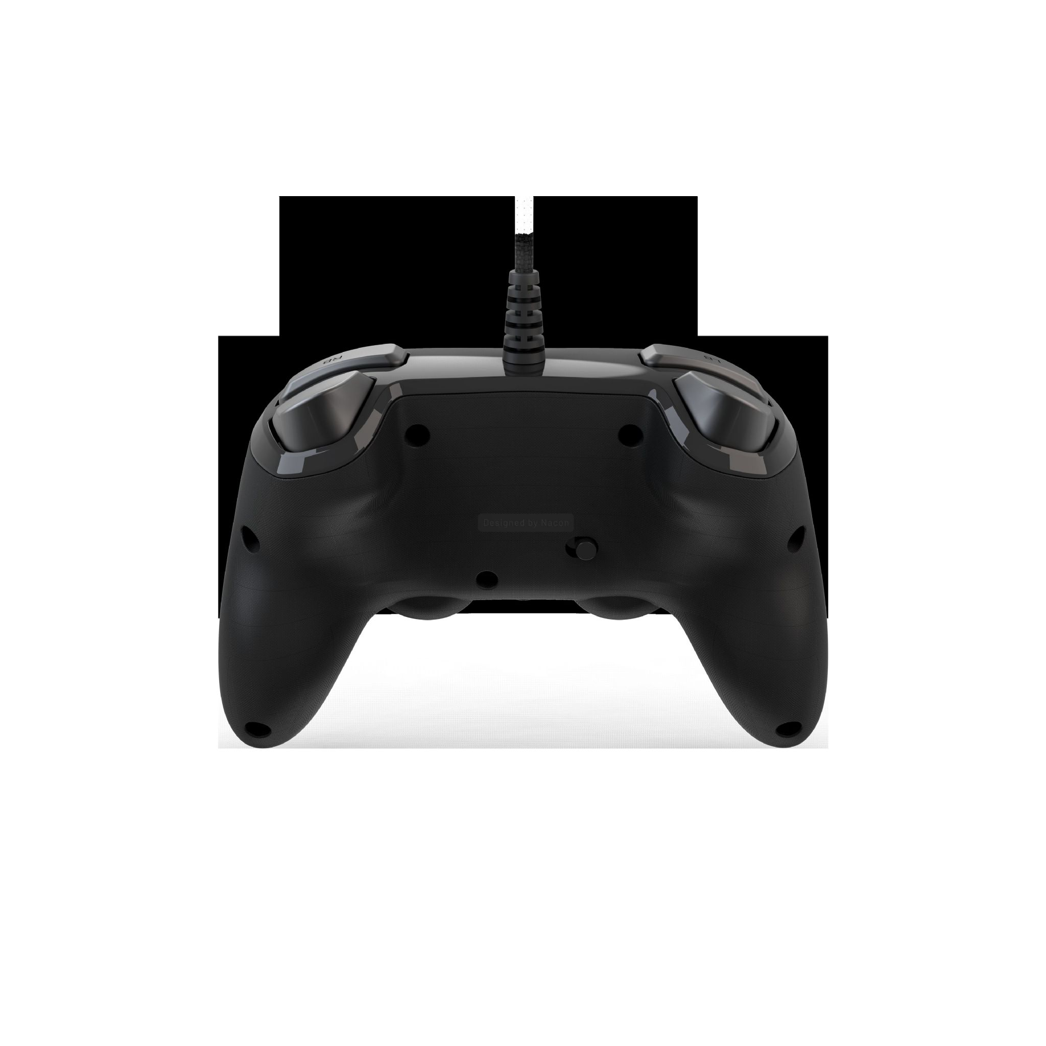 Czarny gamepad z kablem, widziany z tyłu.