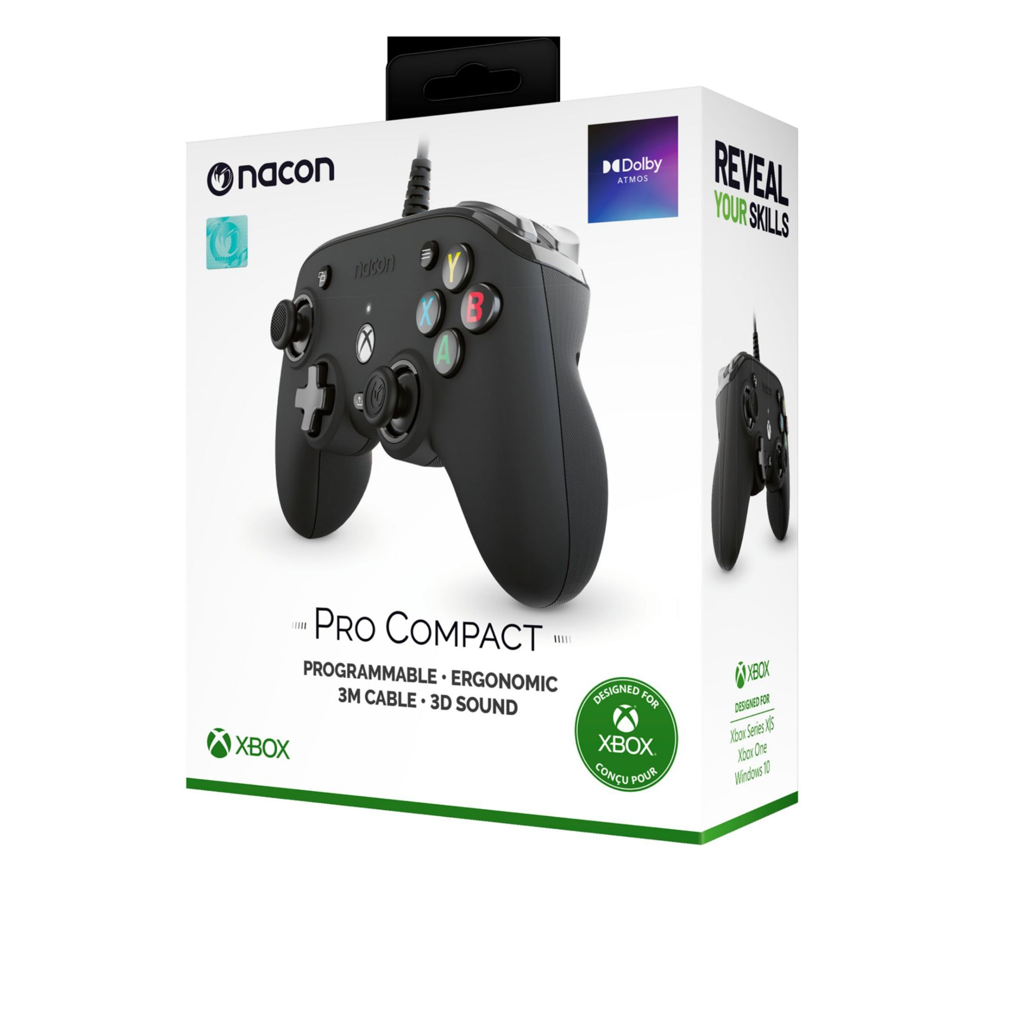 Czarny kontroler Xbox w białym pudełku.