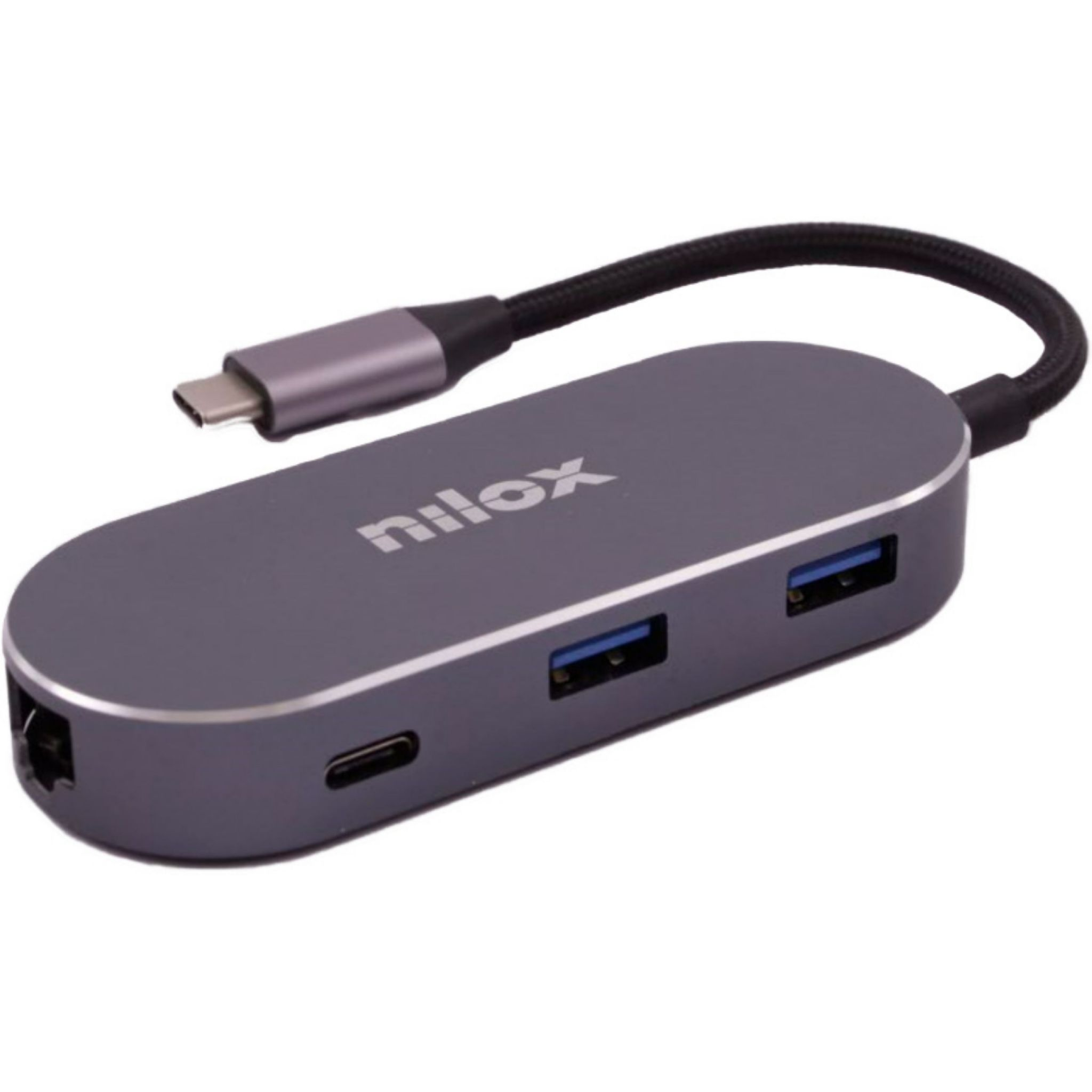Un concentrador USB-C Nilox gris con puertos USB y Ethernet.