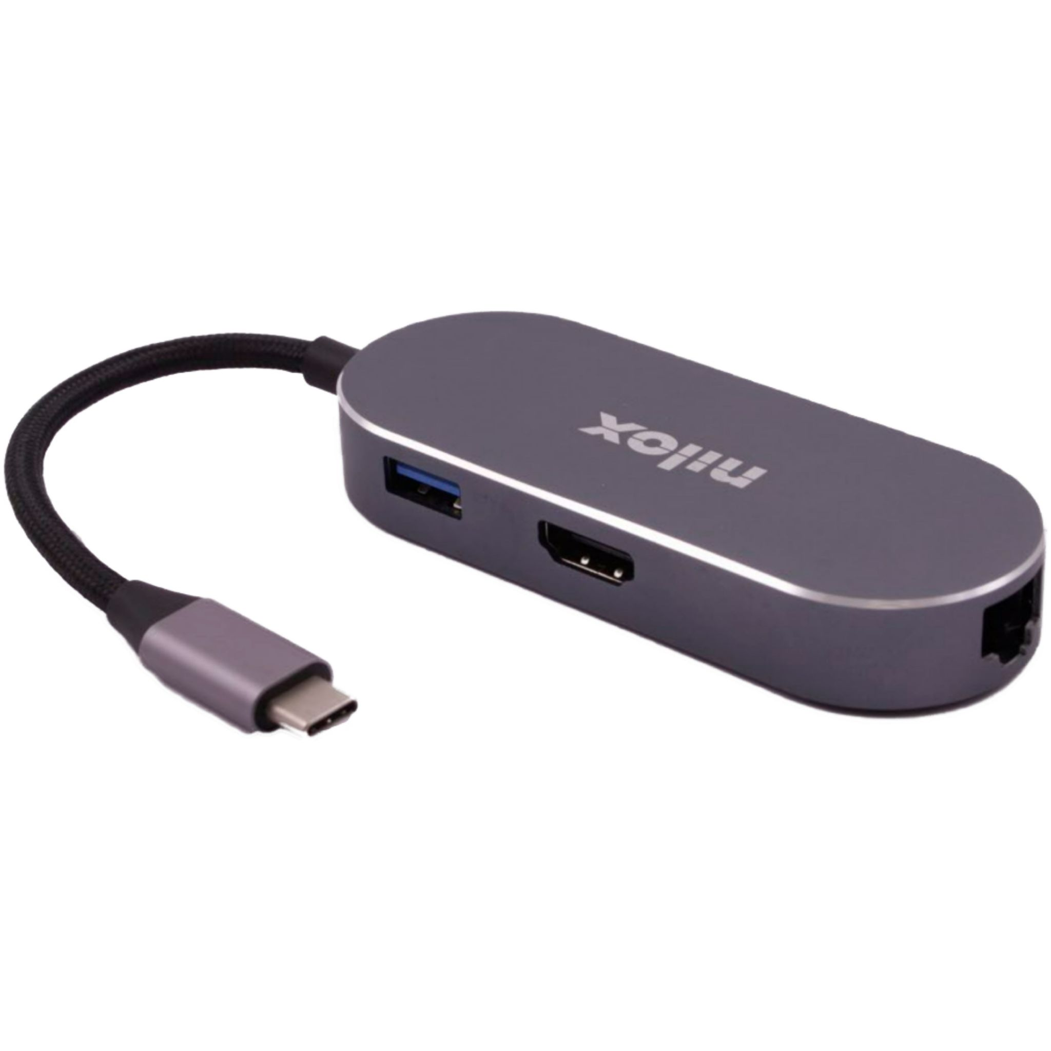 Concentrador USB-C Nilox gris. Tiene puertos USB, HDMI y Ethernet. Fondo blanco.