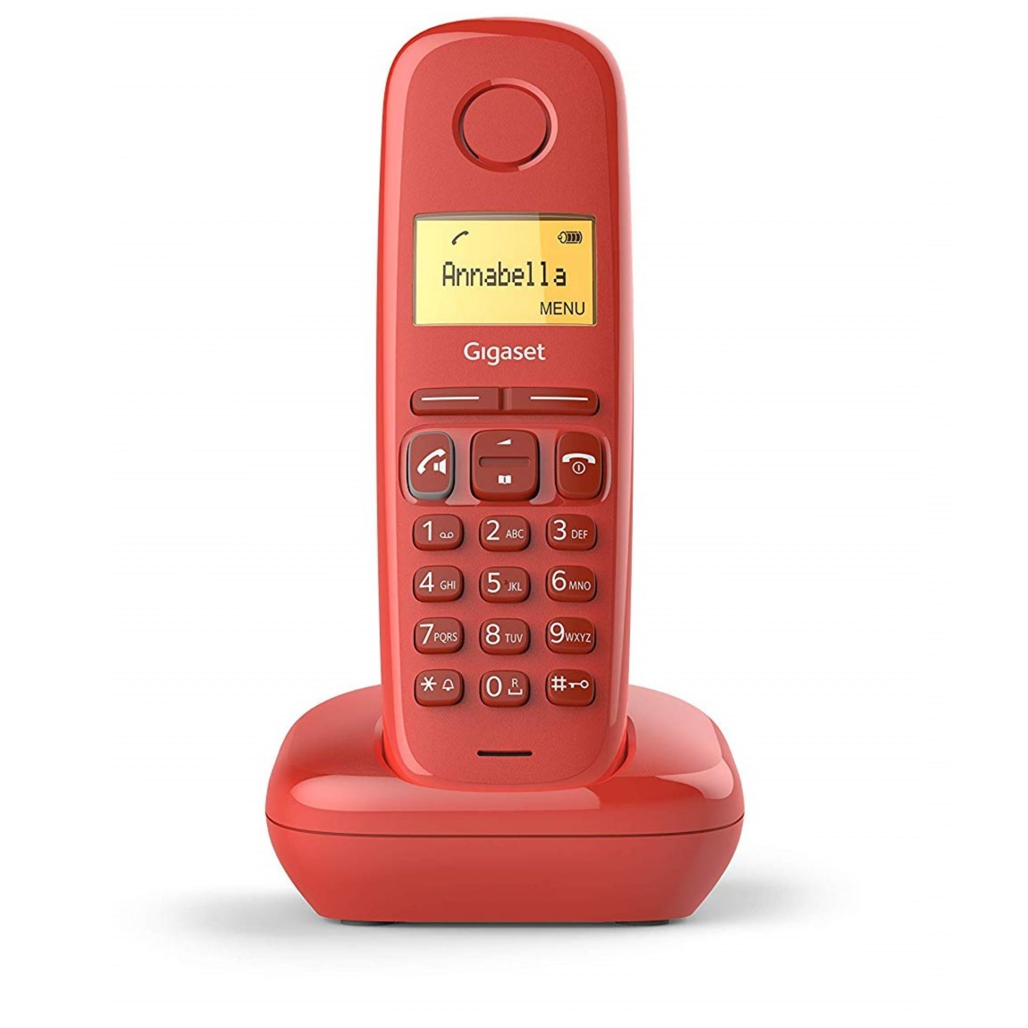 Teléfono rojo inalámbrico con base, mostrando 'Annabella' en la pantalla y botones debajo.