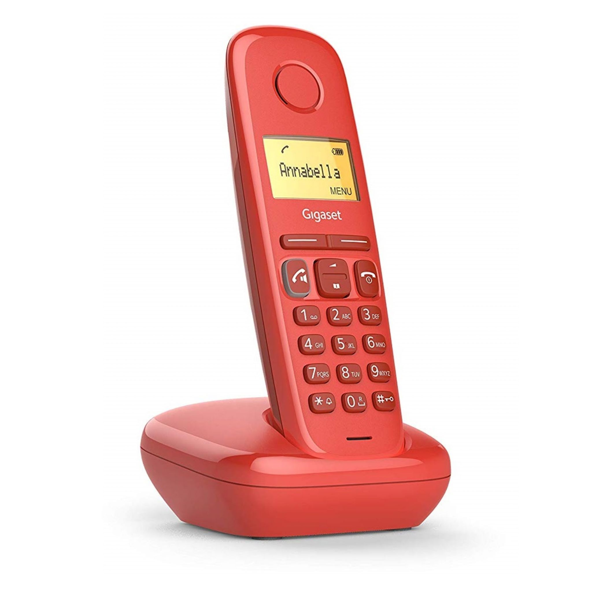Teléfono inalámbrico Gigaset rojo en su base. Pantalla muestra 'Annabella', y teclas numéricas.