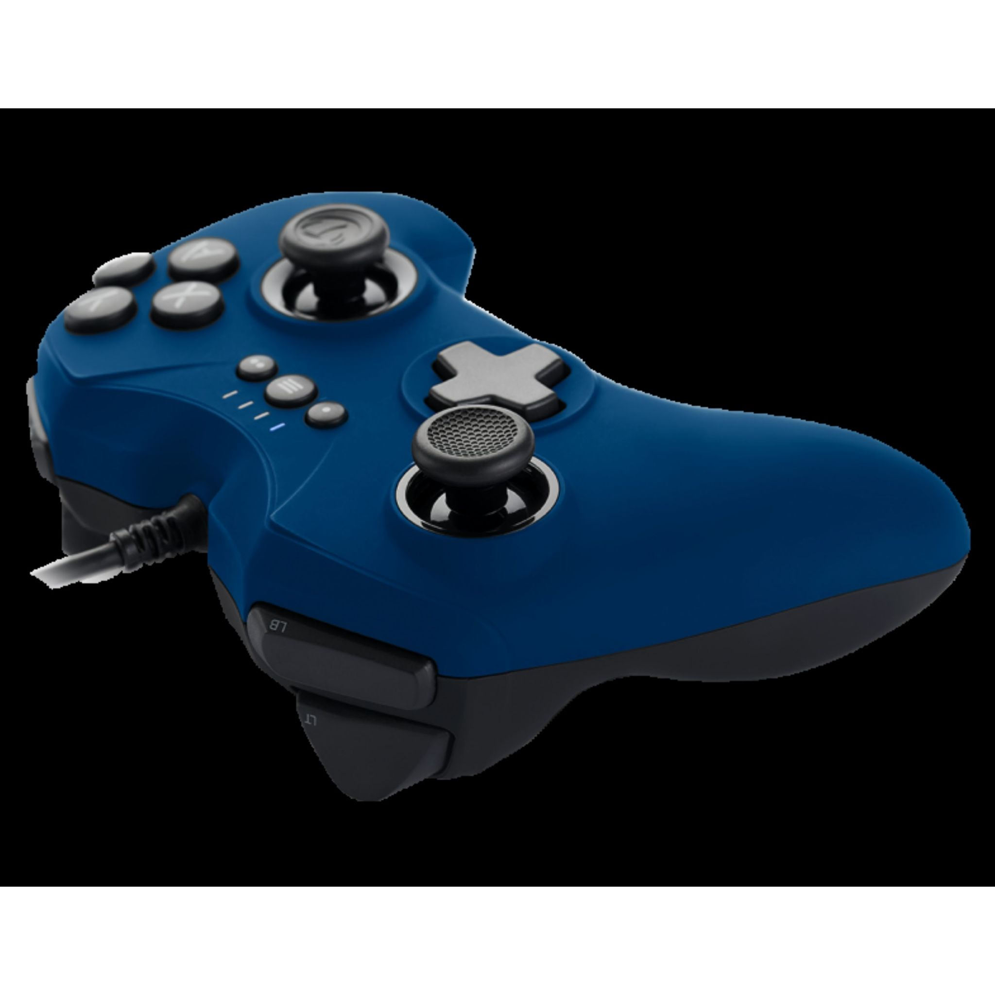 Niebieski gamepad z czarnymi przyciskami i kablem.