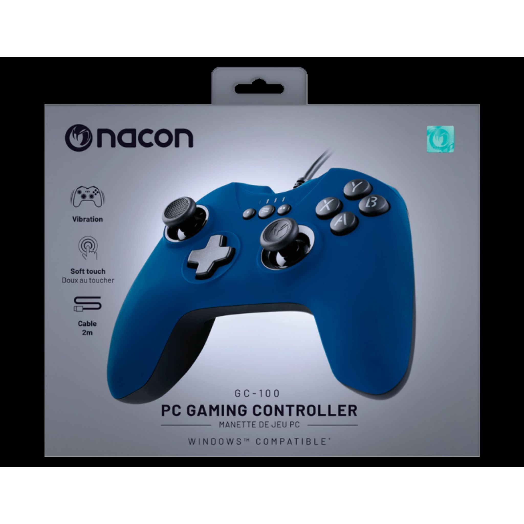 Niebieski kontroler do gier PC z przyciskami, na czarnym tle.