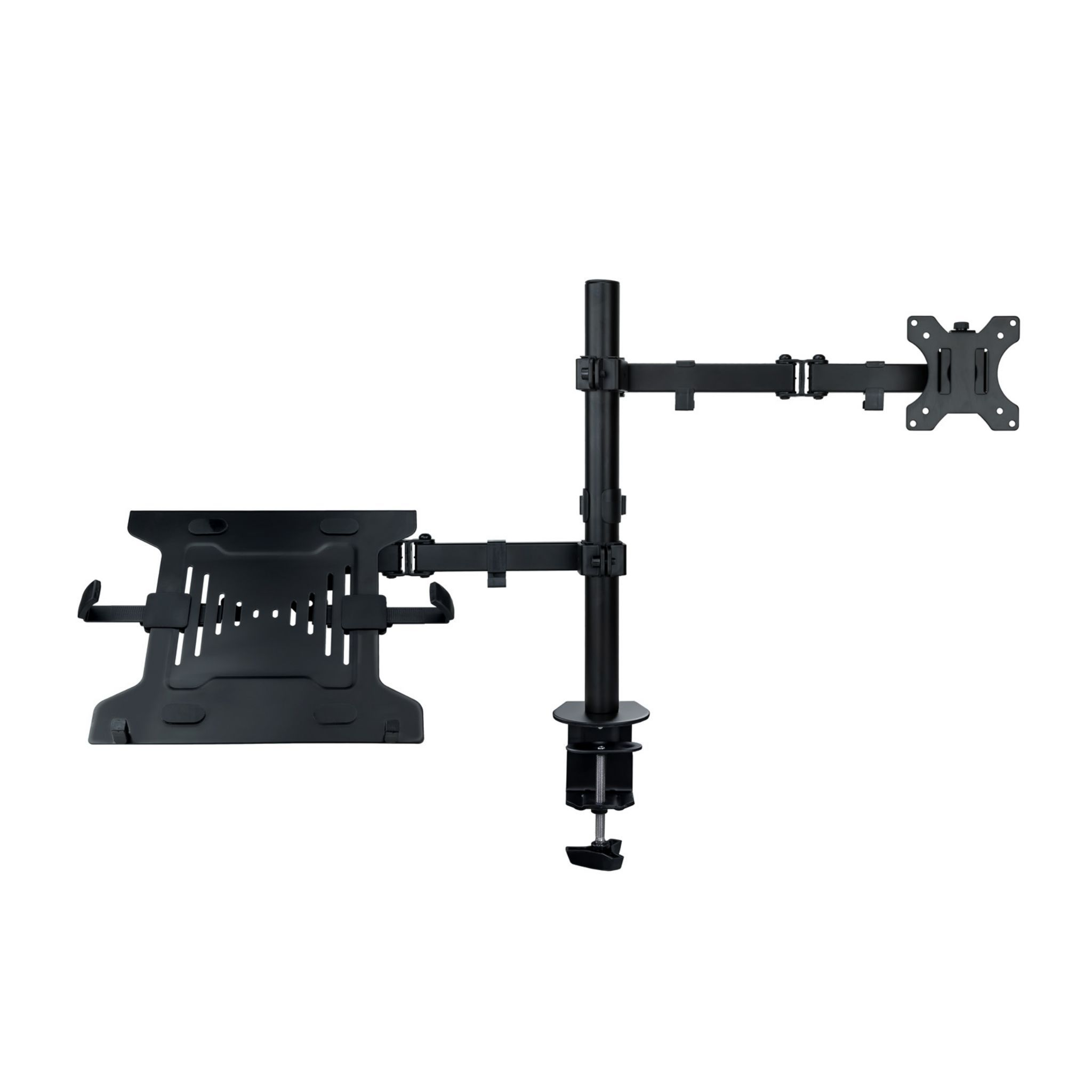 Supporto monitor nero con vassoio per laptop e supporto per monitor, su sfondo bianco.