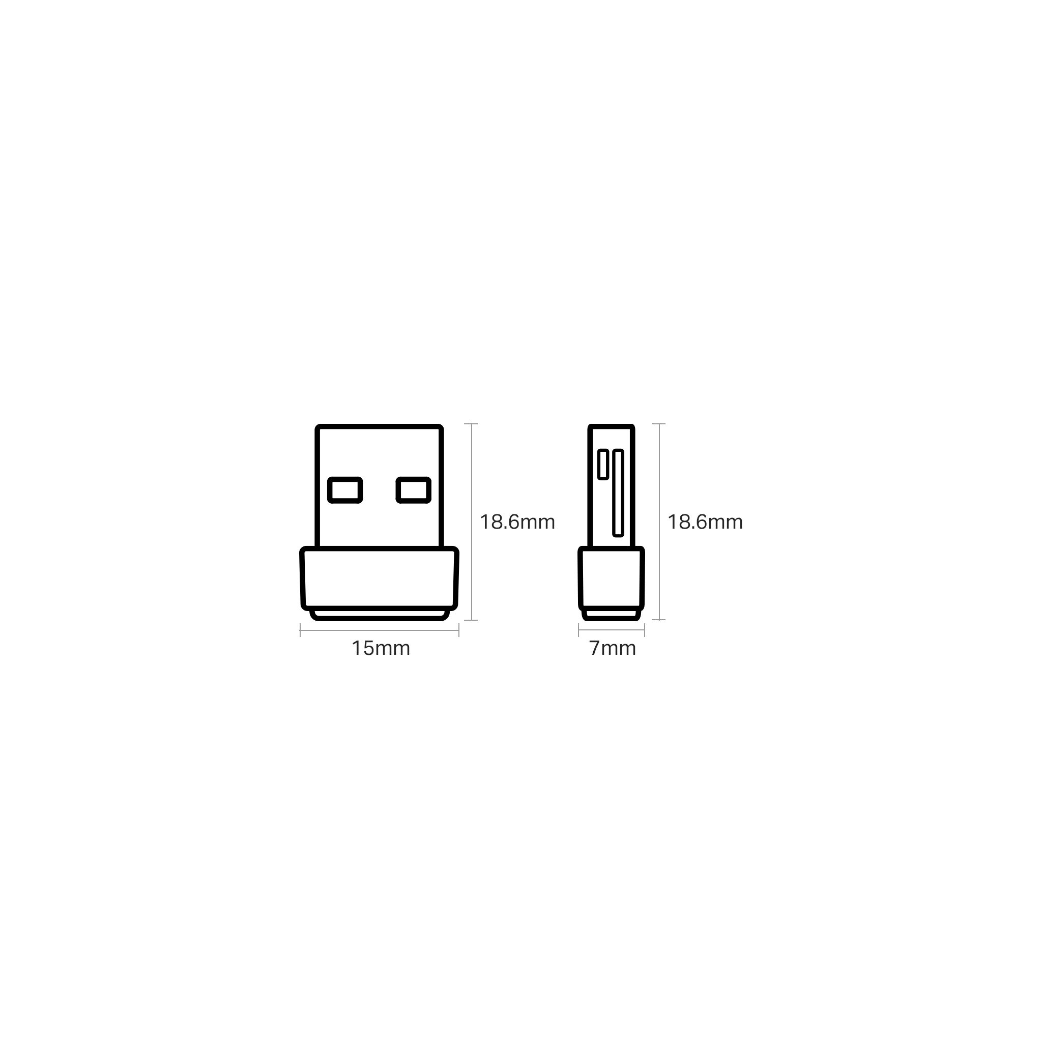 Umriss eines USB-Empfängers mit Abmessungen. Ein kleines rechteckiges Gerät.