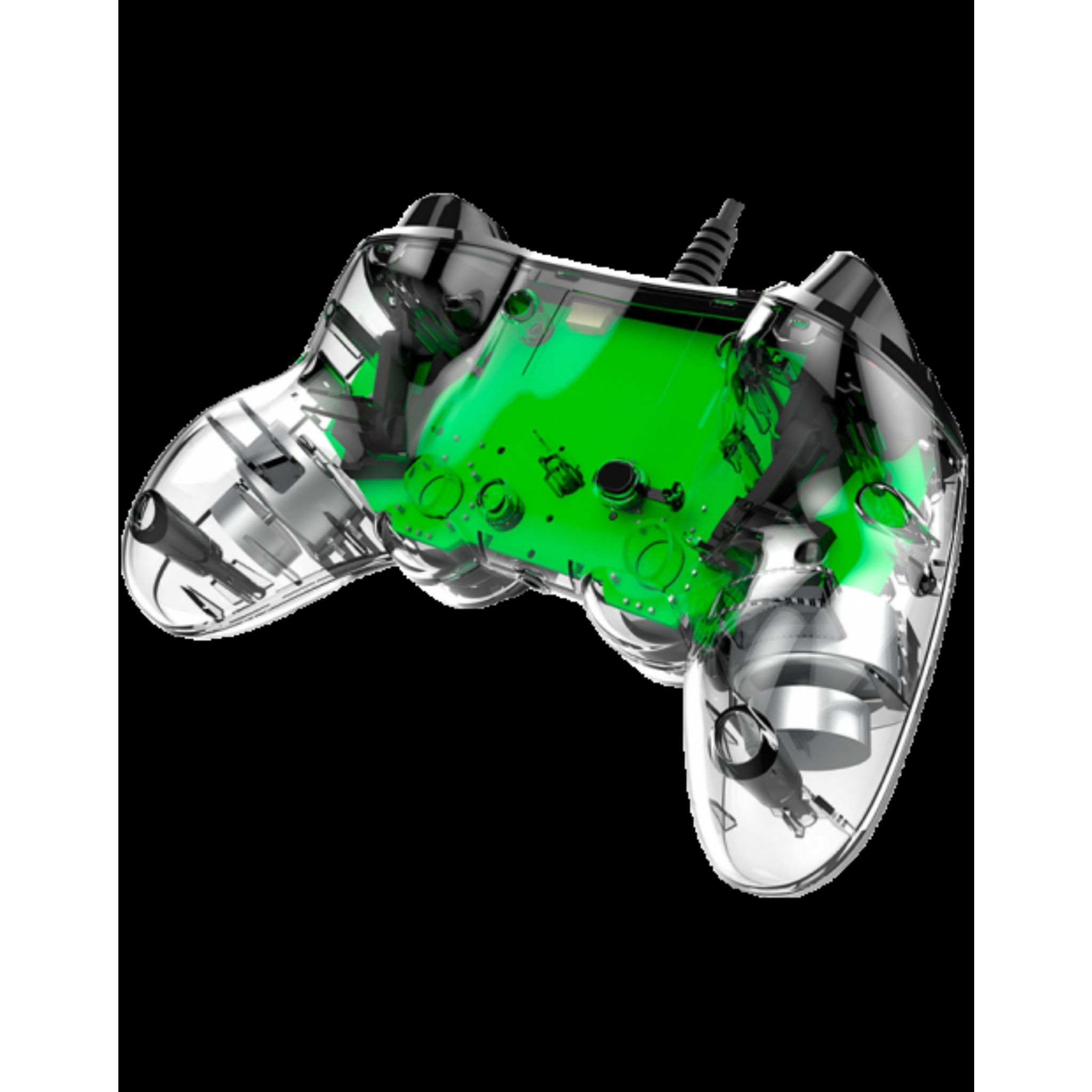 Przezroczysty zielony kontroler do gier. Widoczne elementy wewnętrzne, z przewodem.