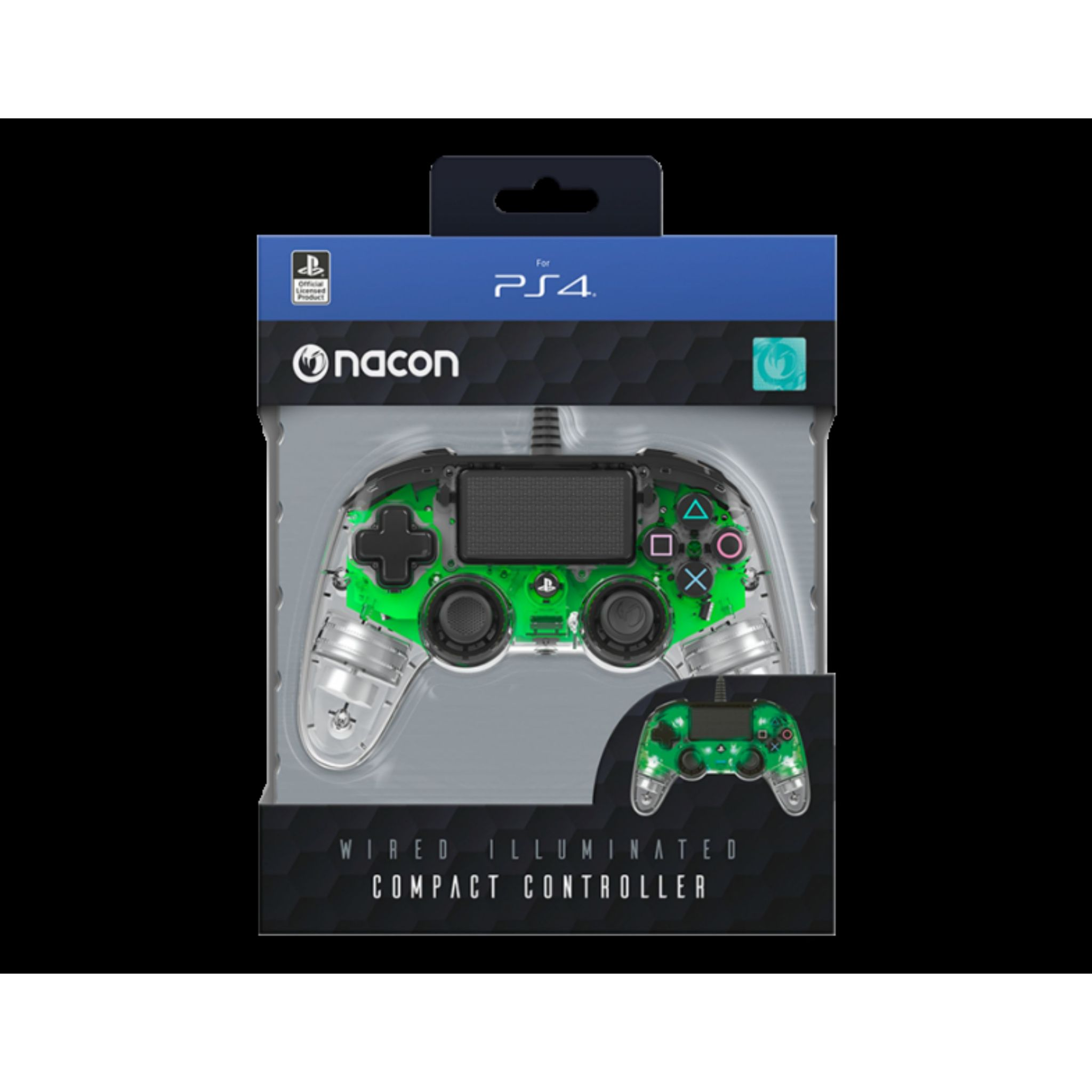 Zielony i przezroczysty kontroler PS4 w przezroczystym plastikowym opakowaniu. Kontroler jest czarny i zielony.