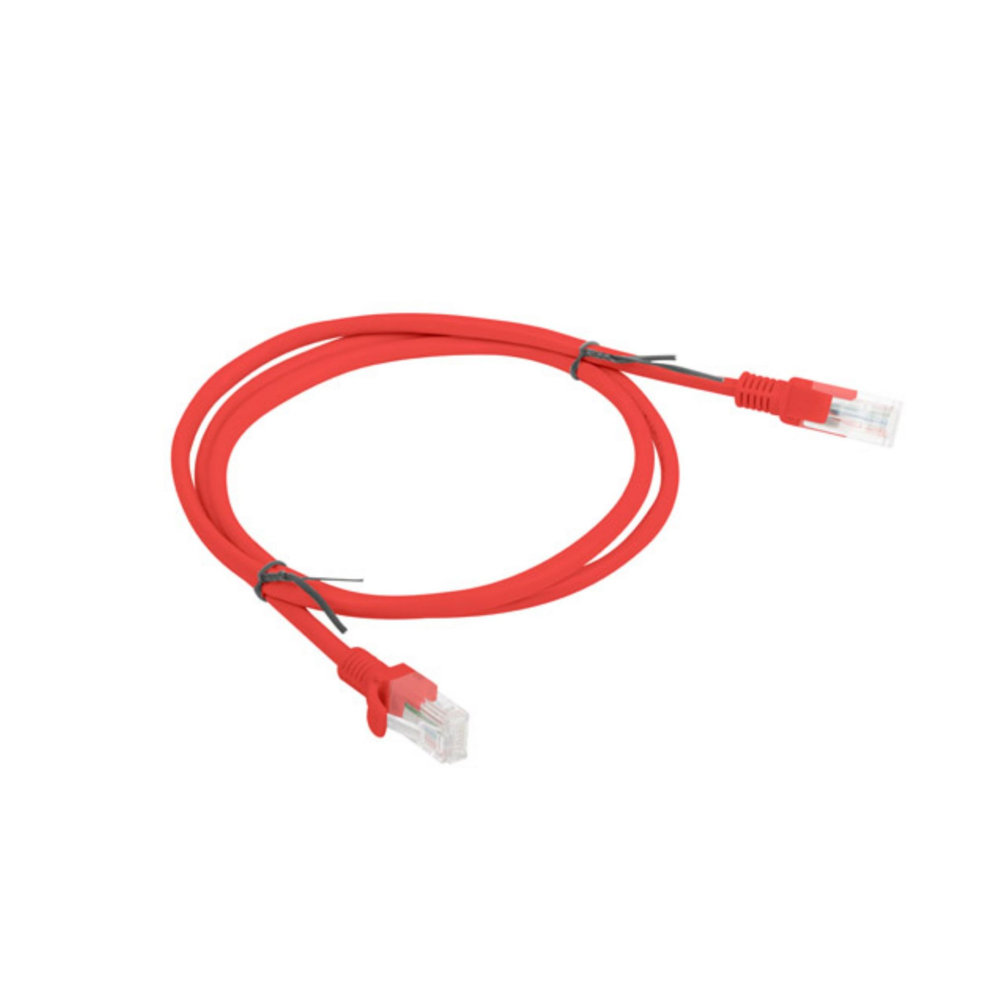 Cavo Ethernet rosso. Due connettori RJ45 trasparenti a ciascuna estremità. Cavo con due fascette nere.
