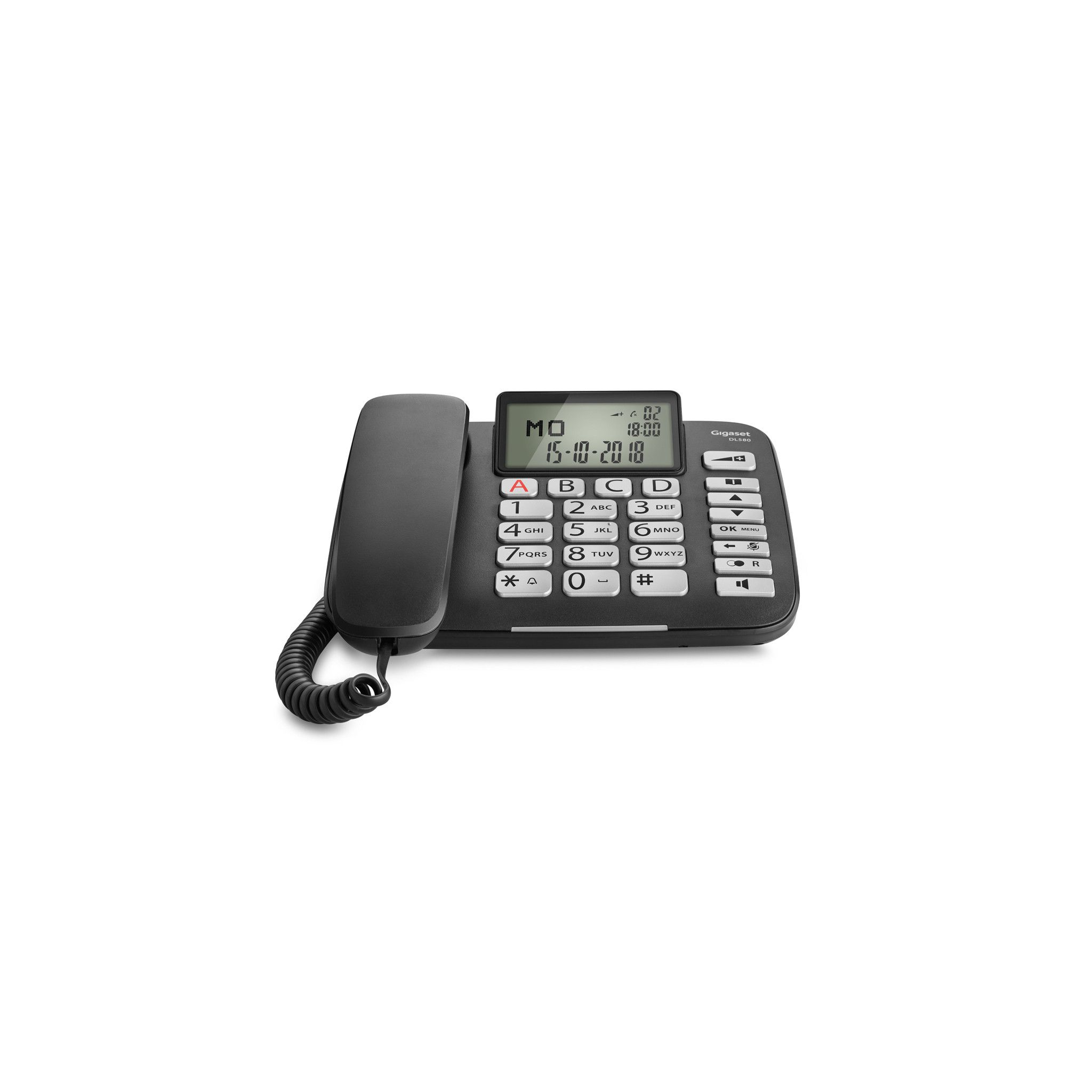 Telefono fisso nero con display che mostra ora e data. Sfondo bianco.