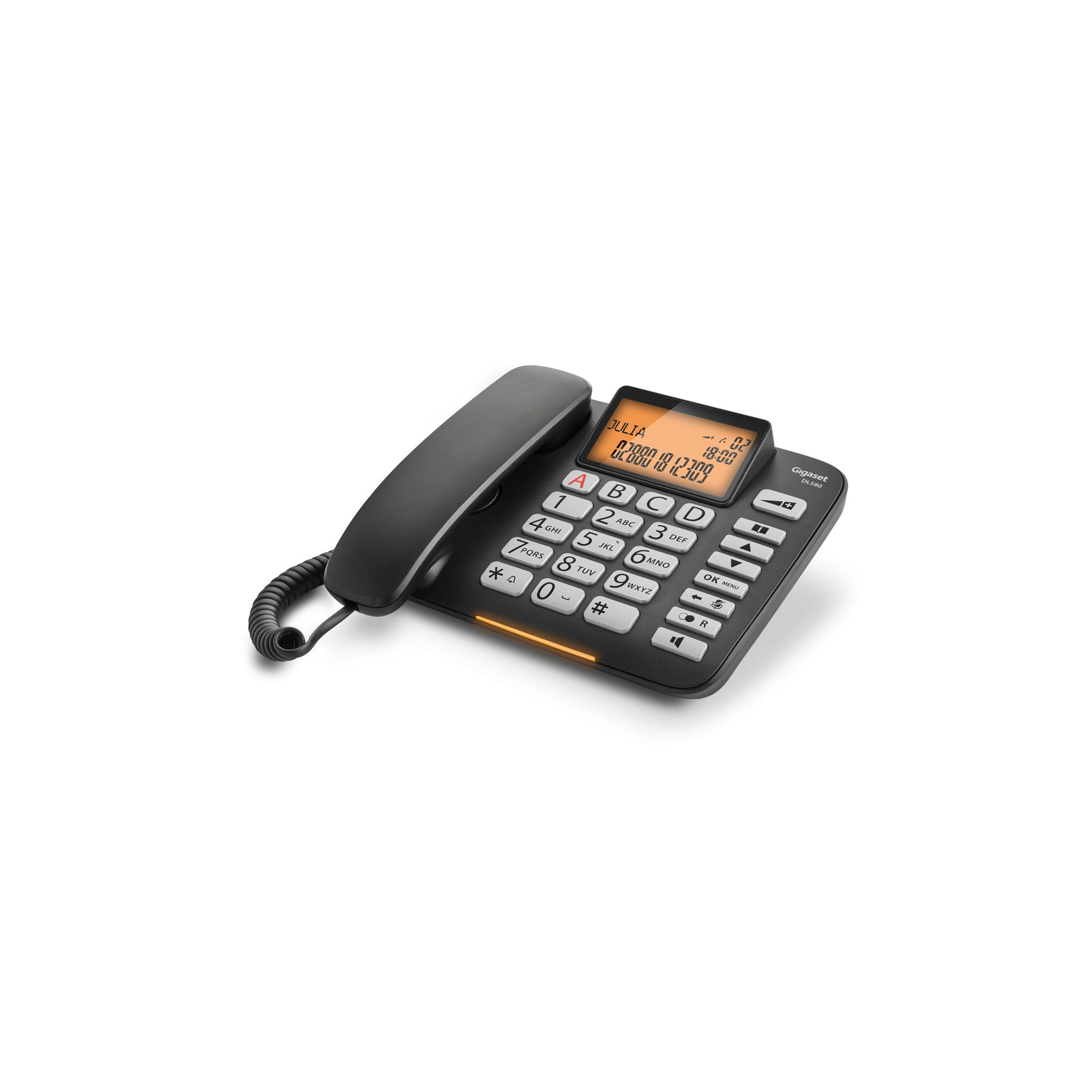 Telefono fisso nero con display e tastierino.
