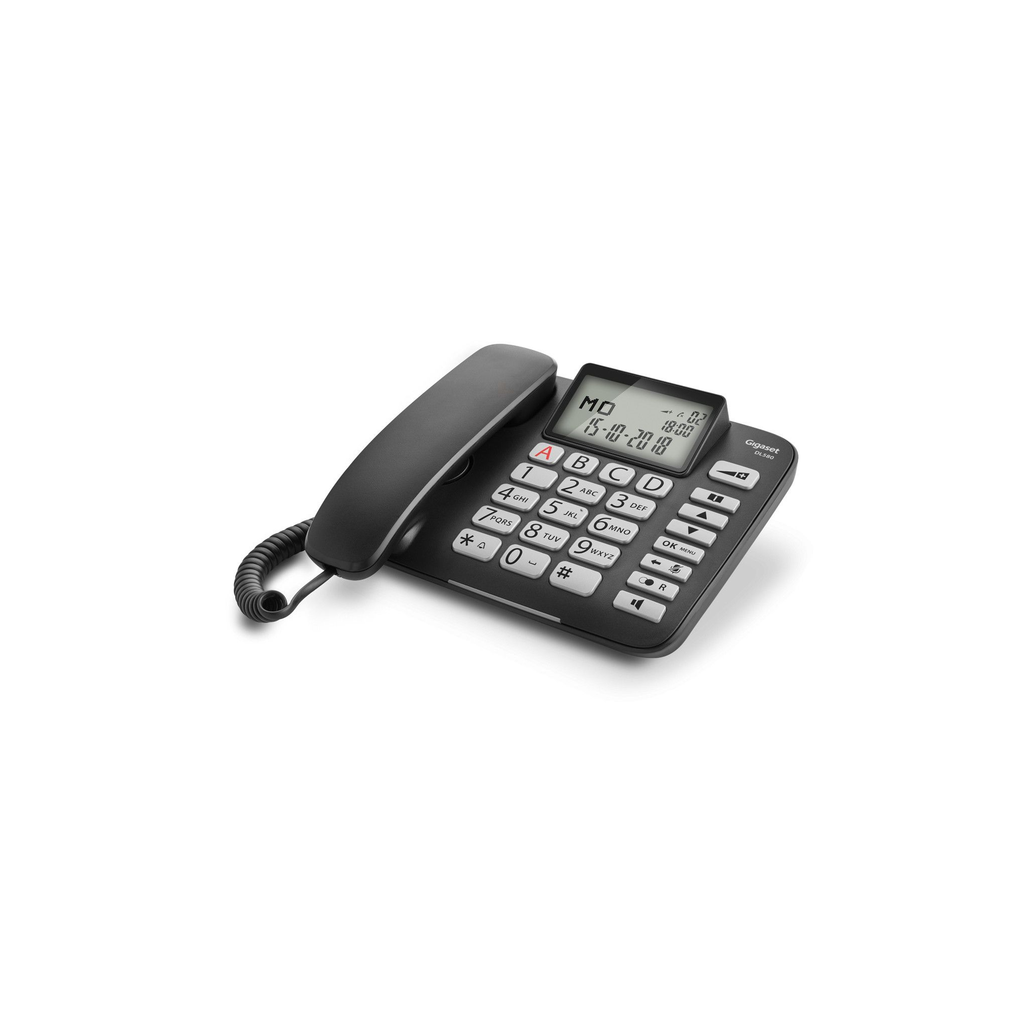 Telefono fisso nero con display che mostra data e ora. Sfondo bianco.
